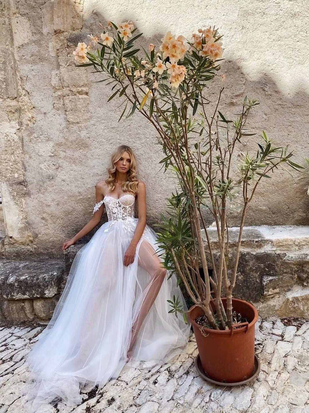 XYAYE Off Shoulder Lace Beach Wedding Dress - Elegant Tulle Bridal Gown with Long Sleeves & Thigh High Slit | Perfect for Beach Ceremonies, Destination Weddings & Boho Bridal Photoshoots