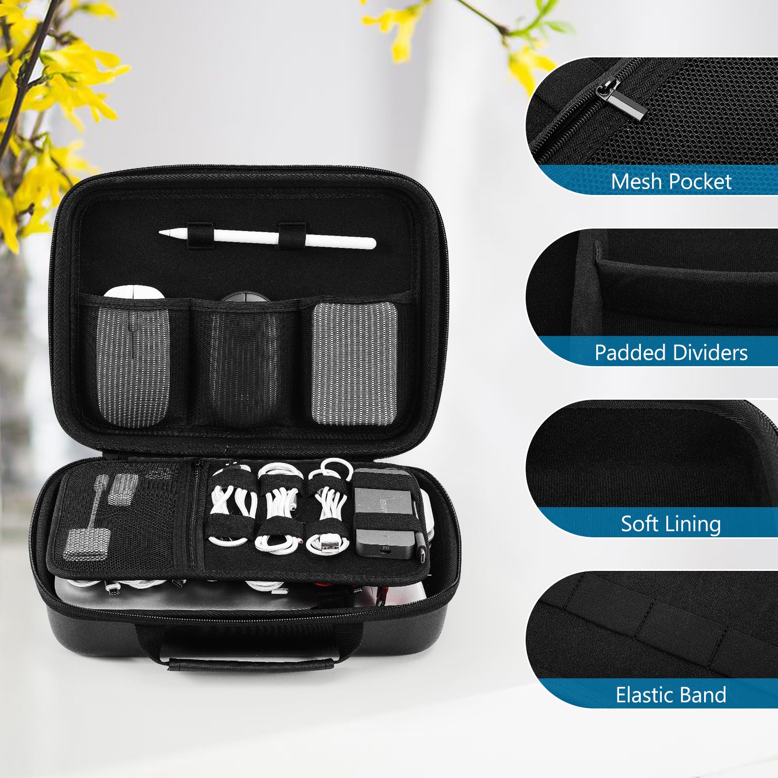 ProCase XL Black Hard Travel Electronic Organizer Case - Compatible with MacBook, Power Adapter, Chargers, Cables, Power Bank, Apple Magic Mouse, Apple Pencil, USB Flash Drive & SD Cards | Portable Accessories Bag for Business Travel, Office, and Daily Commute