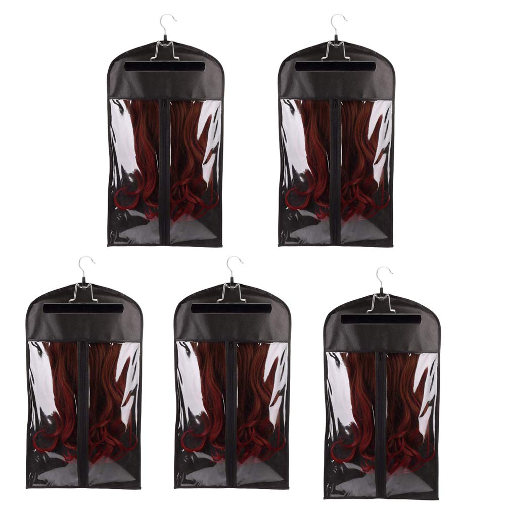 5-Piece Wig Storage Bag Set with 5 Wooden Hangers - Dust-Proof Organizer for Professional Hair Extensions & Wigs (5 Black Bags + 5 Black Hangers) - Perfect for Salon, Travel & Home Wig Care
