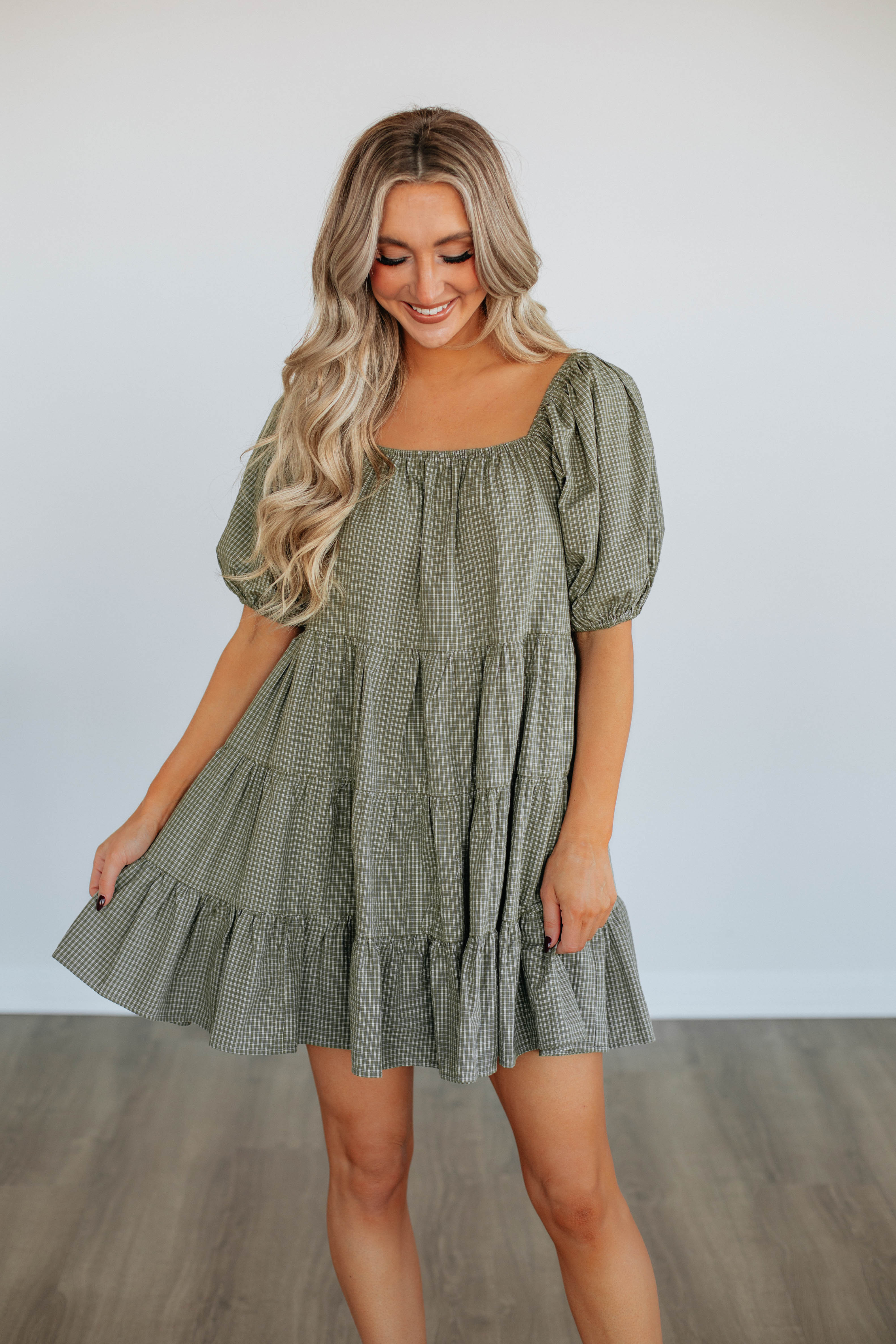 Laren Gingham Dress for Women - Olive Green Plaid Summer Dress with Short Sleeves | Perfect for Beach Vacation, Picnic Dates & Casual Outings