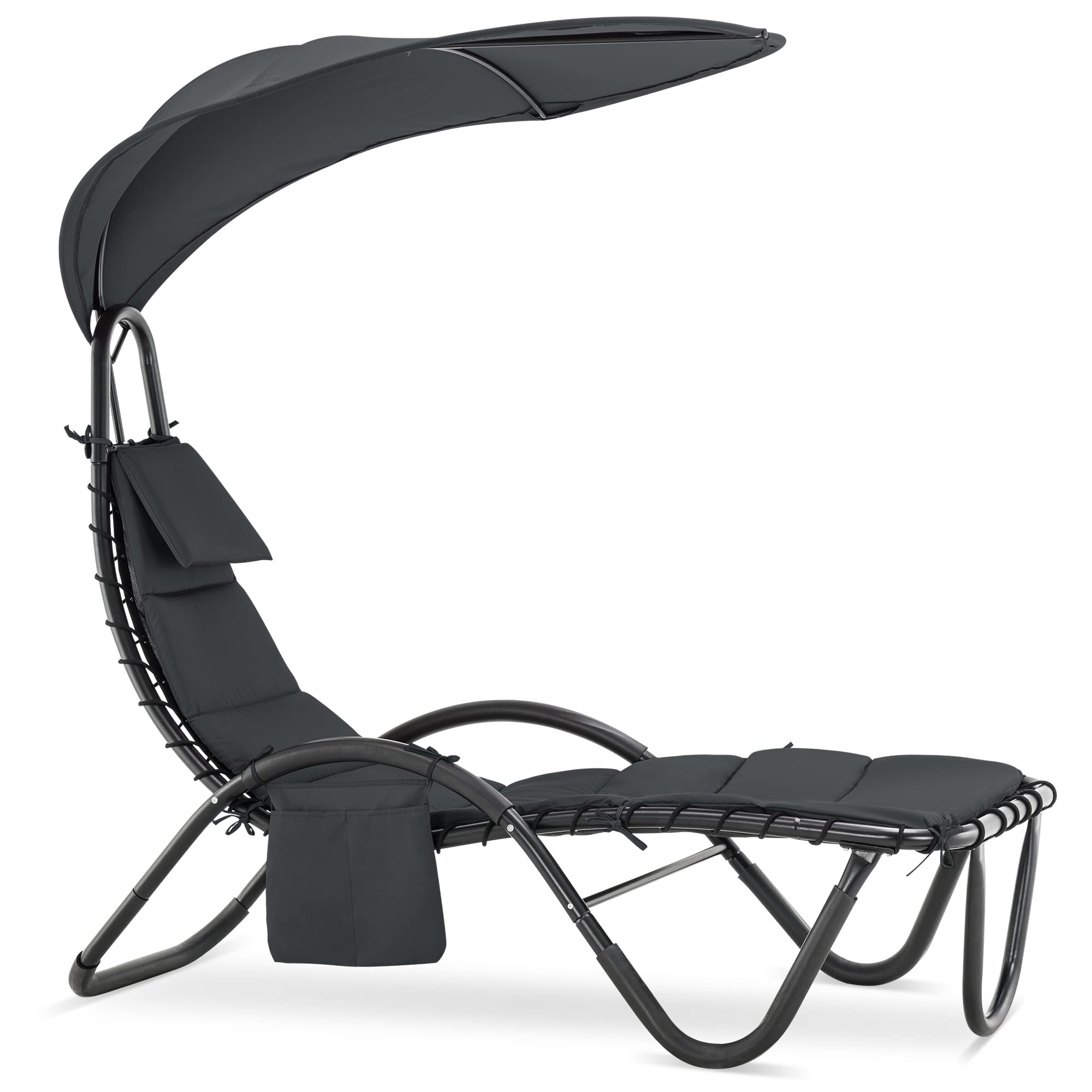 MCombo Outdoor Steel Chaise Lounge Chair with Removable Canopy & Cushions - Adjustable Reclining Patio Chair with Side Pocket & Arc Stand - Perfect for Beach, Poolside, Backyard, Balcony, Porch - Heavy Duty Grey Lounge Chair (Model 4097) for Ultimate Relaxation & Sunbathing
