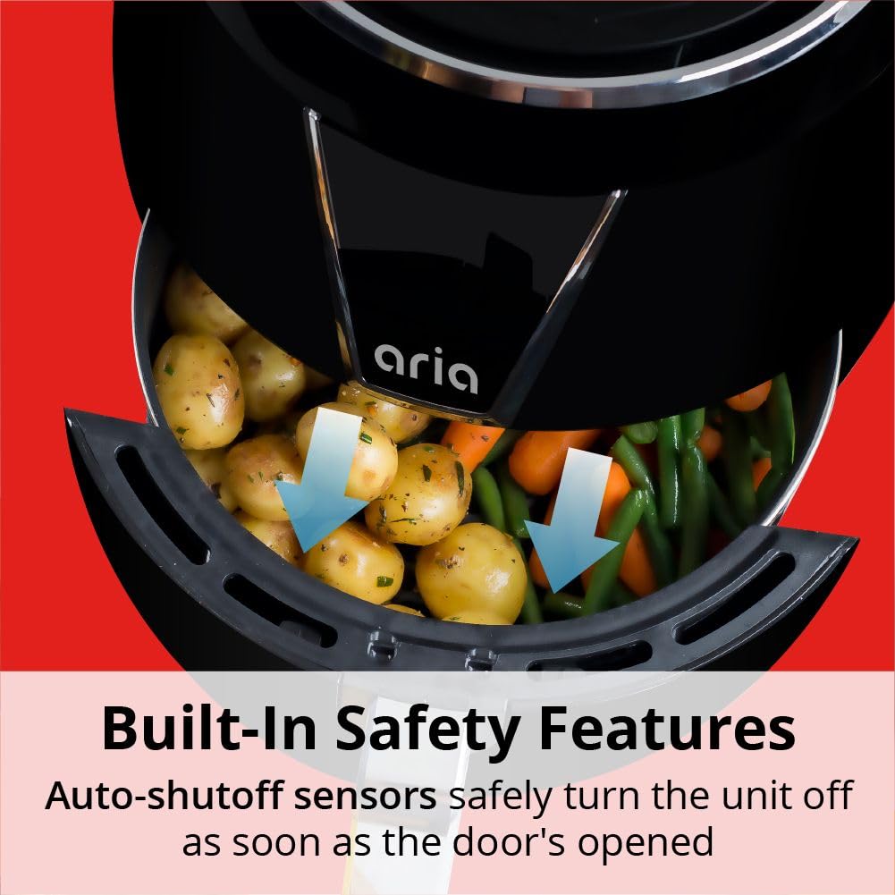 Aria 5 Quart Air Fryer with Non-Stick Ceramic Coating - Large Basket, Touchscreen Display, Auto Shutoff - BPA & Teflon Free, Dishwasher Safe - Includes Free Cookbook (Black) - Perfect for Healthy Frying, Roasting, Baking & Reheating Meals for Families