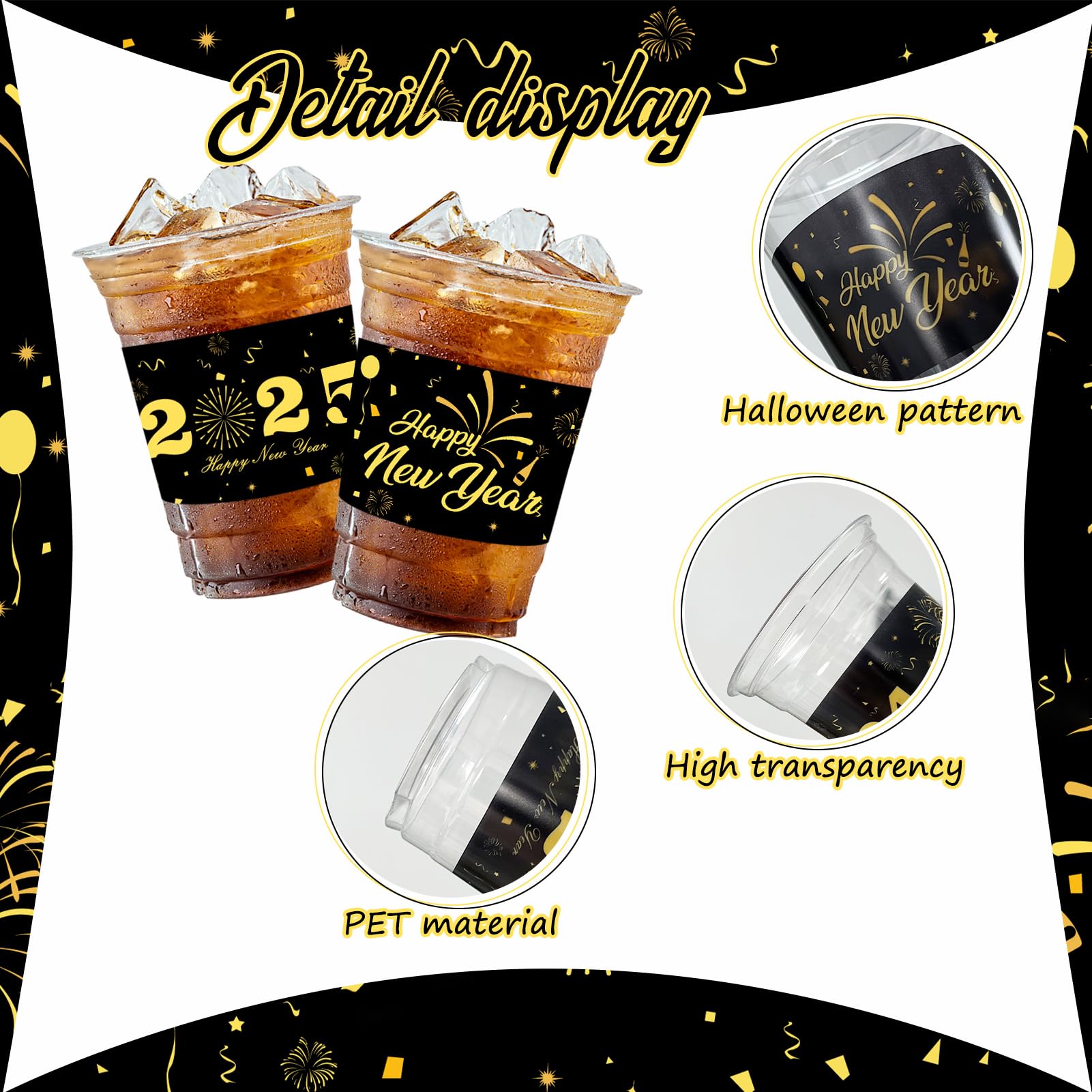 50 Count 2025 Happy New Year Party Cups - 12 oz Clear Plastic Disposable Cups for New Year's Eve Celebrations, Holiday Parties, Beer, Cocktails, Beverages & Ice Cream - Perfect for Countdown Events, Home Decorations & Office Celebrations