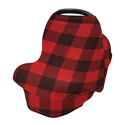 OREZI Red Black Buffalo Plaid Baby Car Seat Cover - Stretchy Infant Car Canopy for Boys & Girls | Warm, Breathable & Snug | Nursing Scarf & Breastfeeding Cover | Perfect Baby Shower Gift for Newborns (Great for Winter Travel & Outdoor Protection)