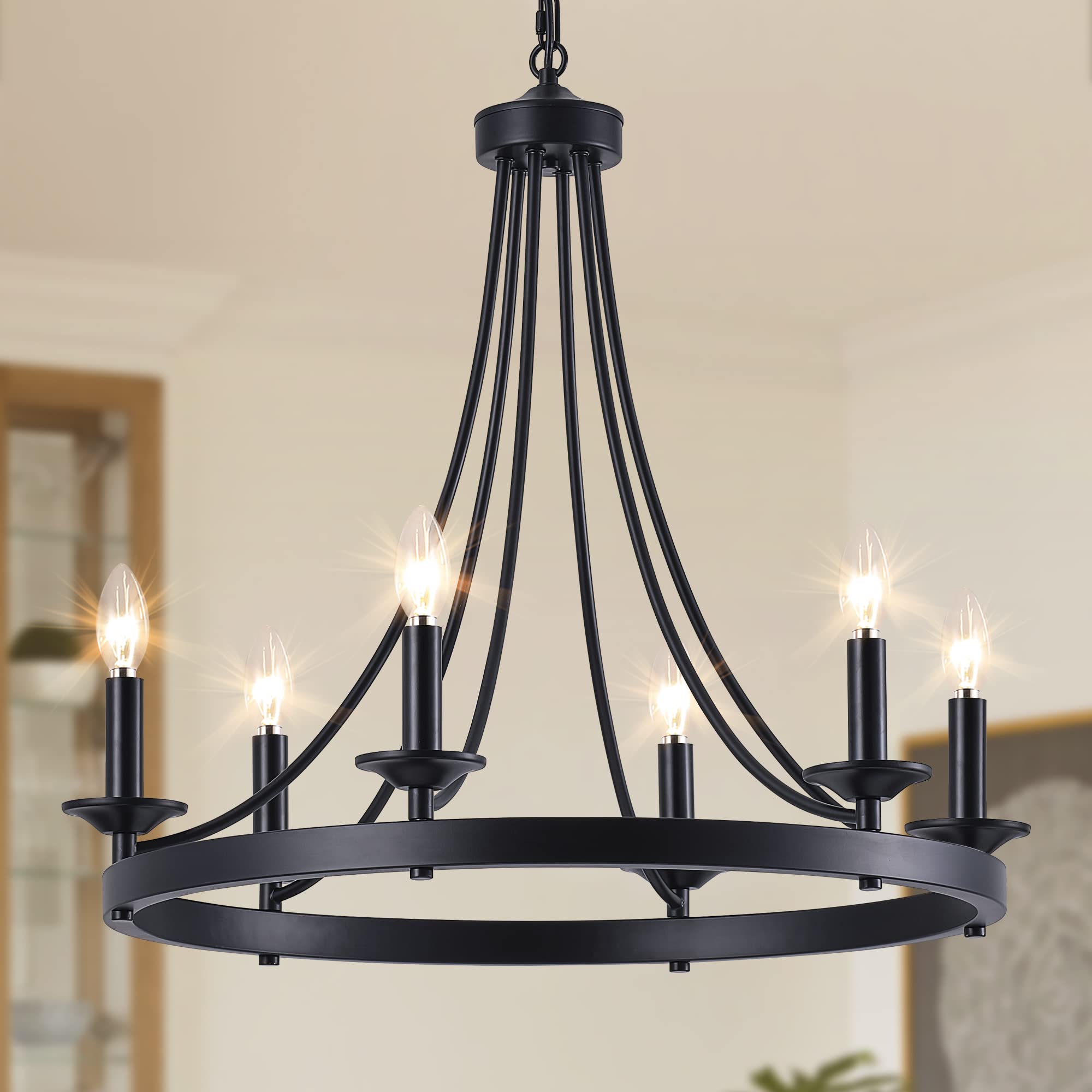 24 Inch Black Farmhouse Chandelier - 6-Light Wagon Wheel Ceiling Pendant Light for Dining Room, Kitchen Island & Living Room | Rustic Home Decor Lighting for Country Style Interiors