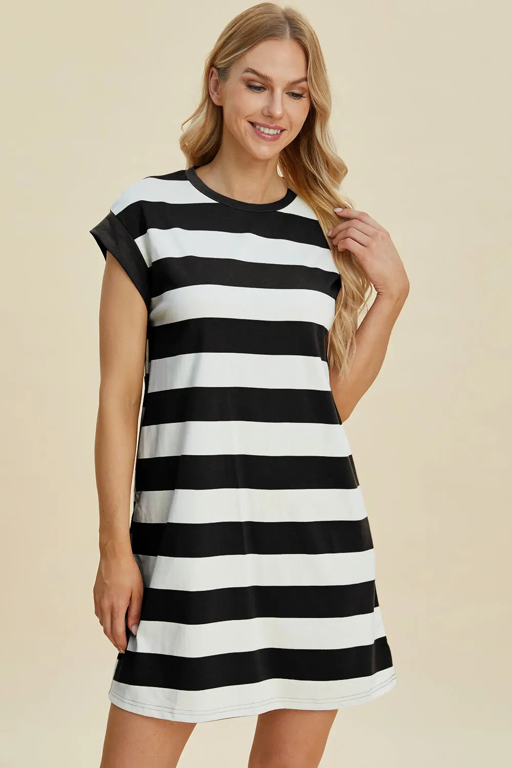 Basic Bae Women's Full Size Striped Round Neck Cap Sleeve Mini Dress - Casual Summer Outfit for Beach, Party & Date Night