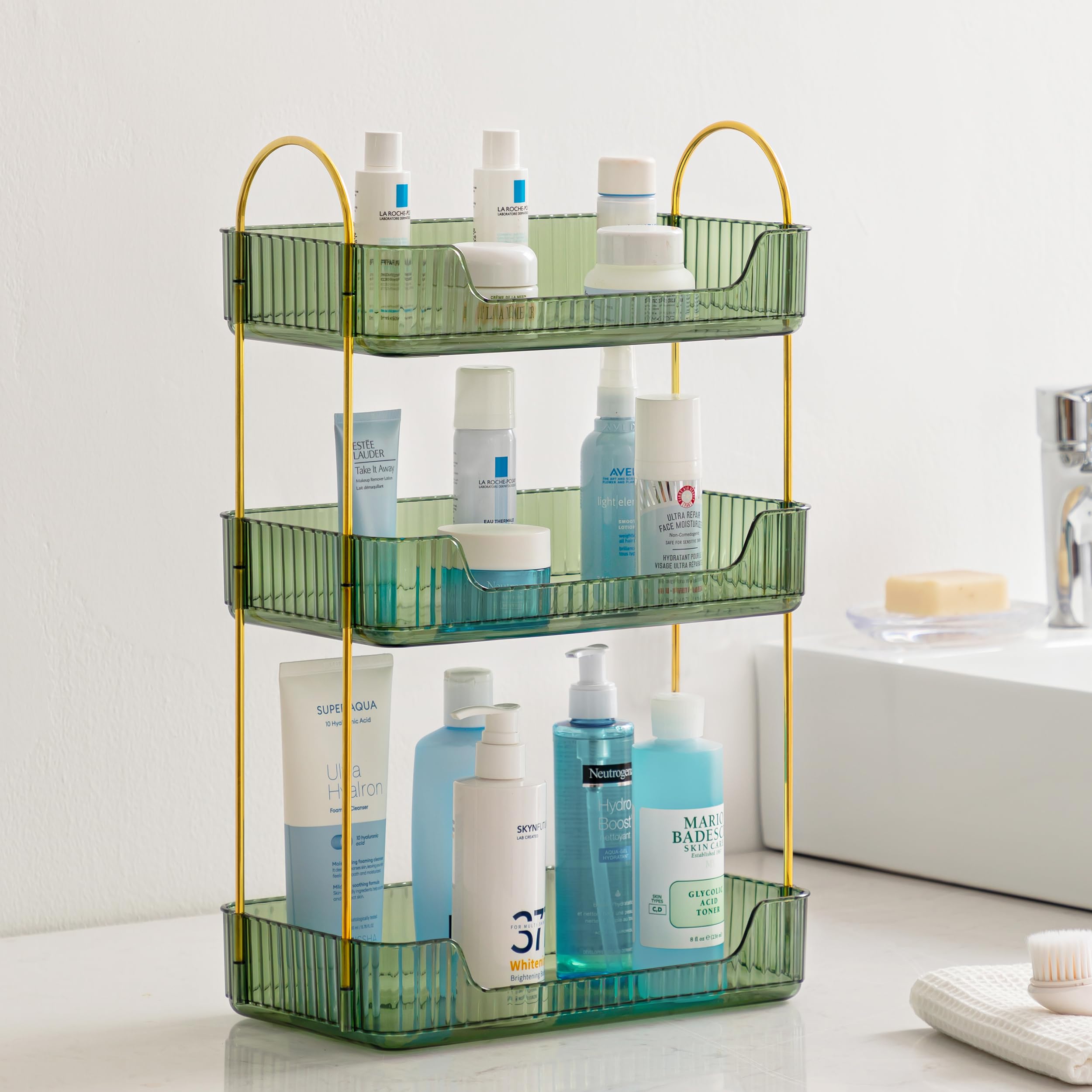 HBlife 3 Tier Bathroom Organizer Countertop - Makeup Organizer with Perfume Tray & Skincare Storage for Bathroom, Dresser, Vanity - Green | Perfect for Small Space Organization, Cosmetic Display & Daily Beauty Routine