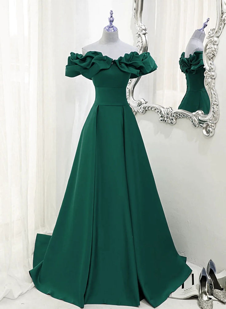 Elegant Green Off-The-Shoulder A-Line Ball Gown Party Dress J4423 | Formal Evening Gown for Prom, Wedding, Quinceañera & Special Occasions