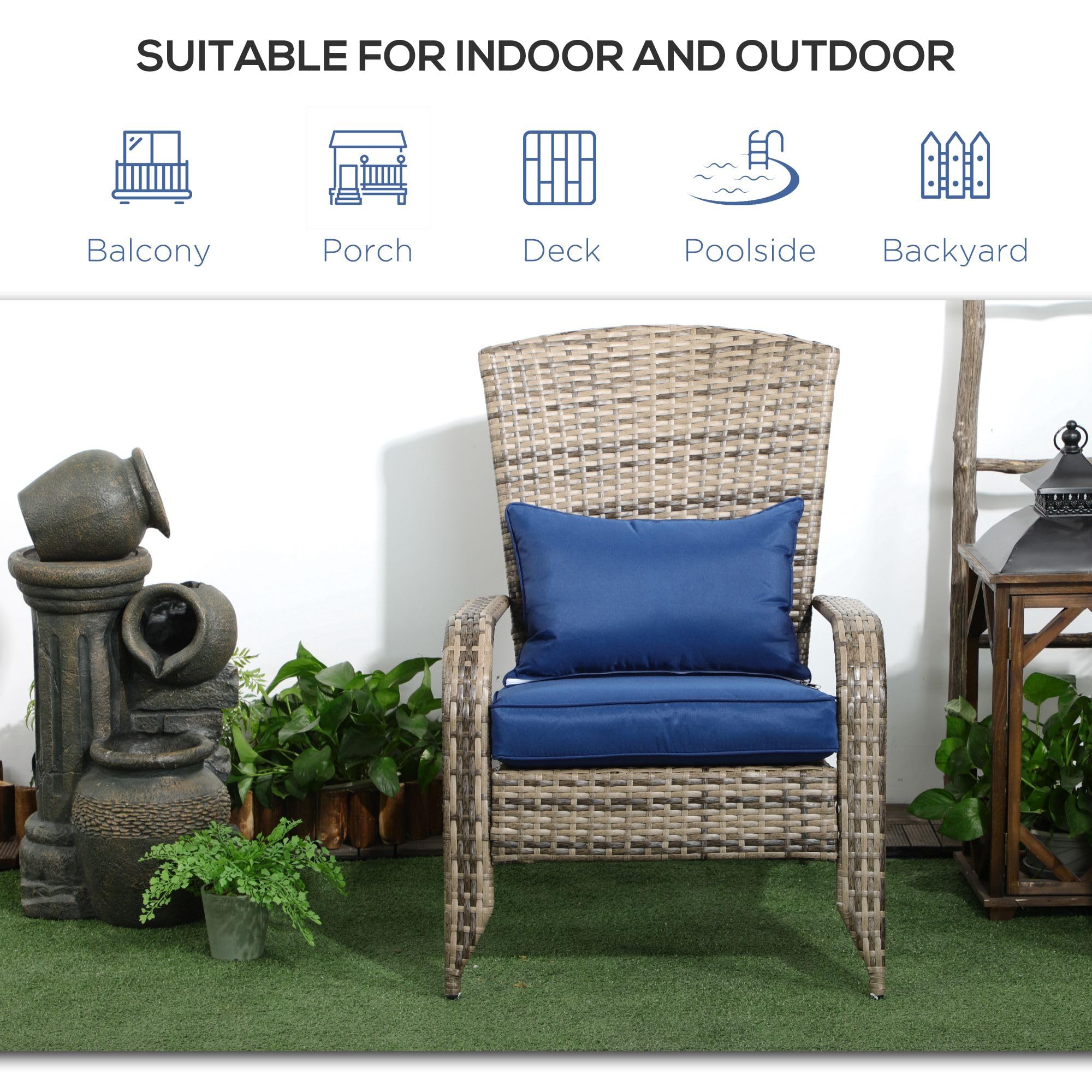 Outsunny All-Weather Wicker Adirondack Chair with Cushions - Dark Blue Patio Furniture for Deck, Garden & Fire Pit - Comfortable Outdoor Lounge Chair with Tall Backrest & Armrests - Perfect for Backyard Relaxation, Poolside Lounging and Camping Gatherings