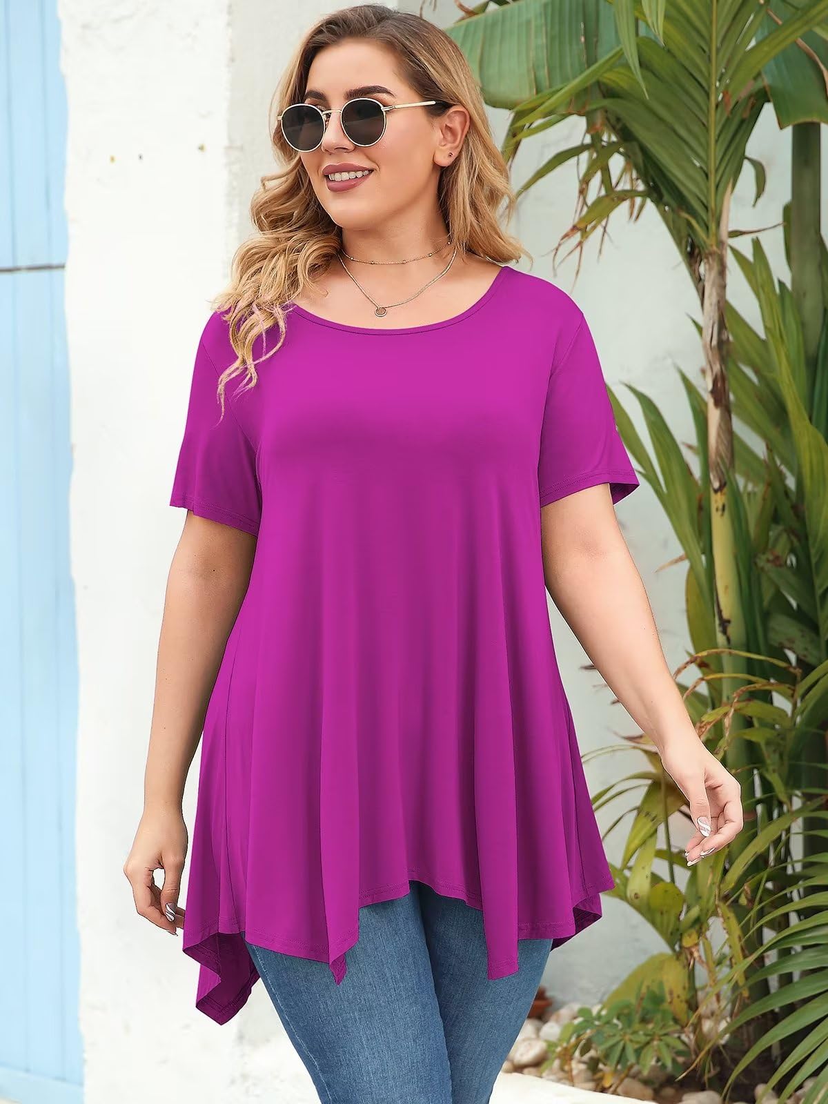 LARACE Women's Plus Size Short Sleeve Casual Tops - Asymmetrical Tunic Blouse for Summer | Comfortable Daily Wear, Office Outfits & Vacation Outfits