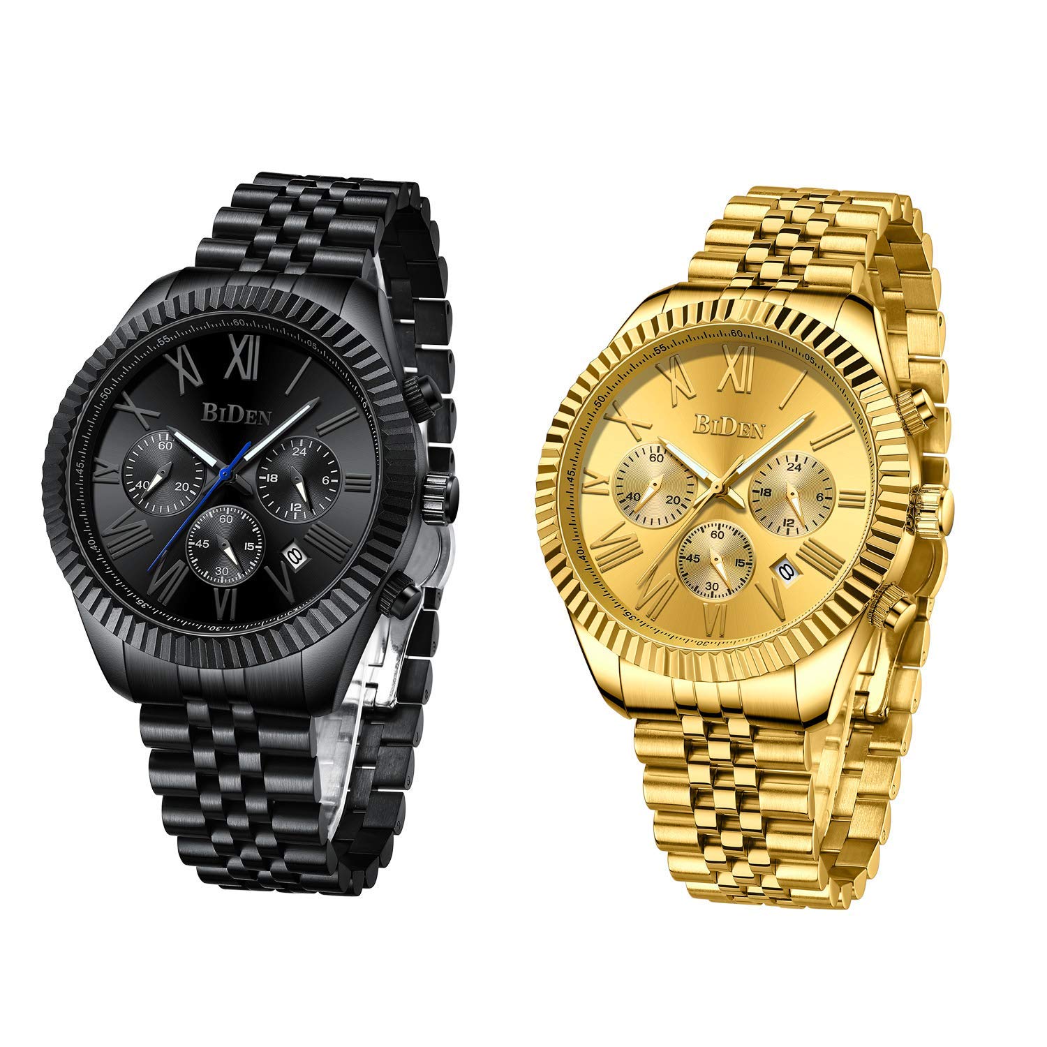2 Pack Men's Watches Bundle - Waterproof Analog Quartz Chronograph Wristwatch, Stainless Steel Fashion Casual Business Dress Sport Watch with Large Calendar Date Display (Gold + Black) - Perfect for Gifts, Everyday Wear & Special Occasions