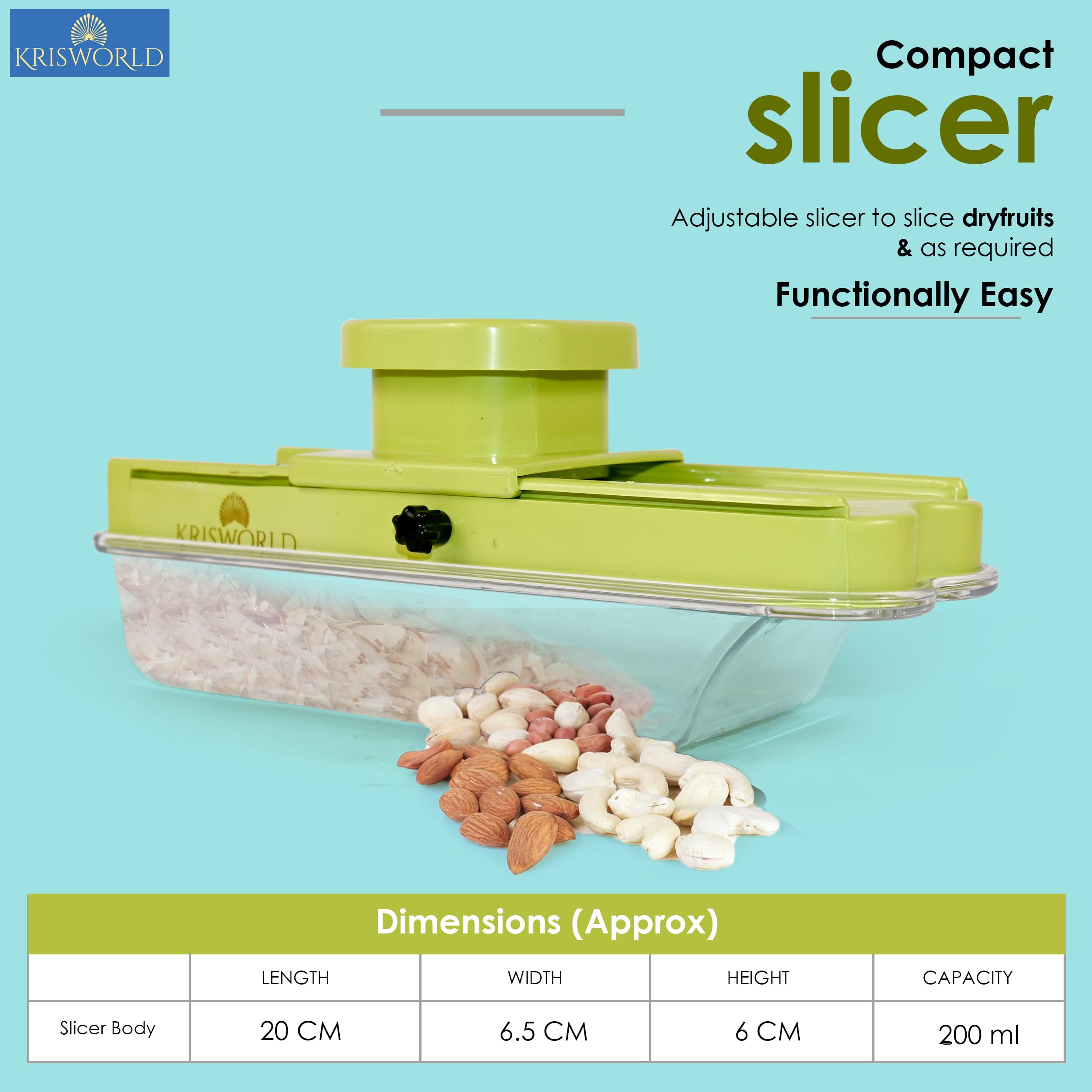 KRISWORLD Manual Nut Slicer with Stainless Steel Blades - Built-in Storage Box for Almonds, Walnuts, Dried Fruits - Perfect for Kitchen, Salads, Ginger & Garlic Slicing - Compact & Durable Fruit & Nut Cutter for Home Cooking & Meal Prep