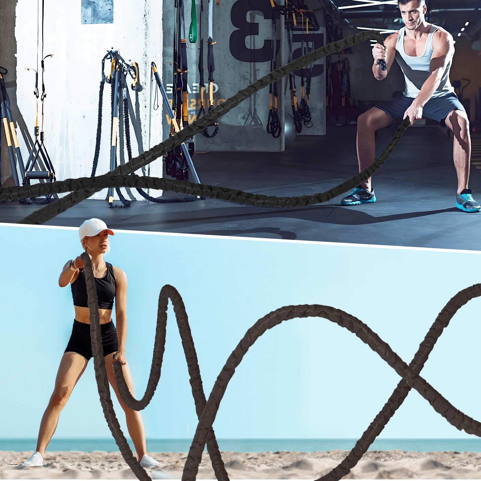 Battle Ropes for Home Gym - Heavy Duty Exercise & Workout Training Ropes - Weighted Fitness Equipment for Strength Training, CrossFit, and Cardio Workouts - Perfect for Indoor and Outdoor Fitness Routines