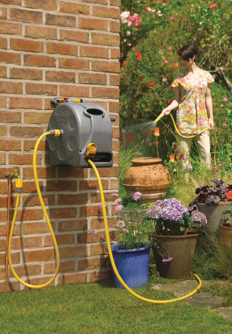 Hozelock 25M 2-in-1 Compact Garden Hose Reel - Portable & Wall Mountable Water Dispenser with Easy Rewind, Includes Spray Lance & Fittings for Lawn, Patio & Car Washing