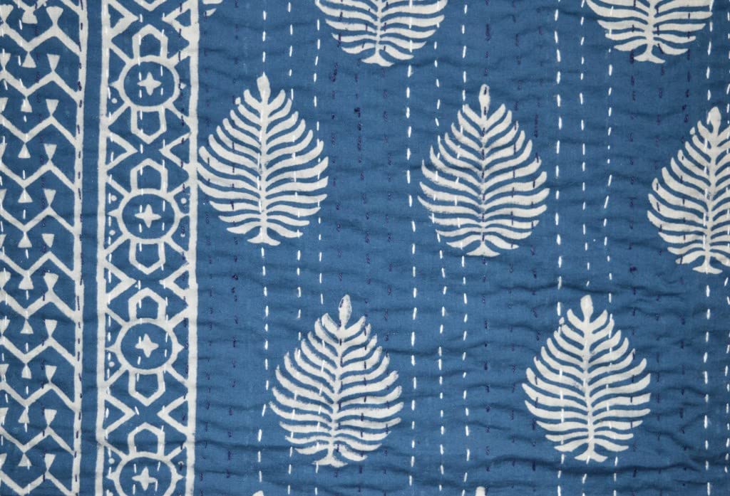 Handmade Indian Block Print Kantha Quilt - Queen Size 90x108 Inch Blue Cotton Throw Blanket & Bedspread for Cozy Home Decor, Boho Bedroom, and Gift Giving