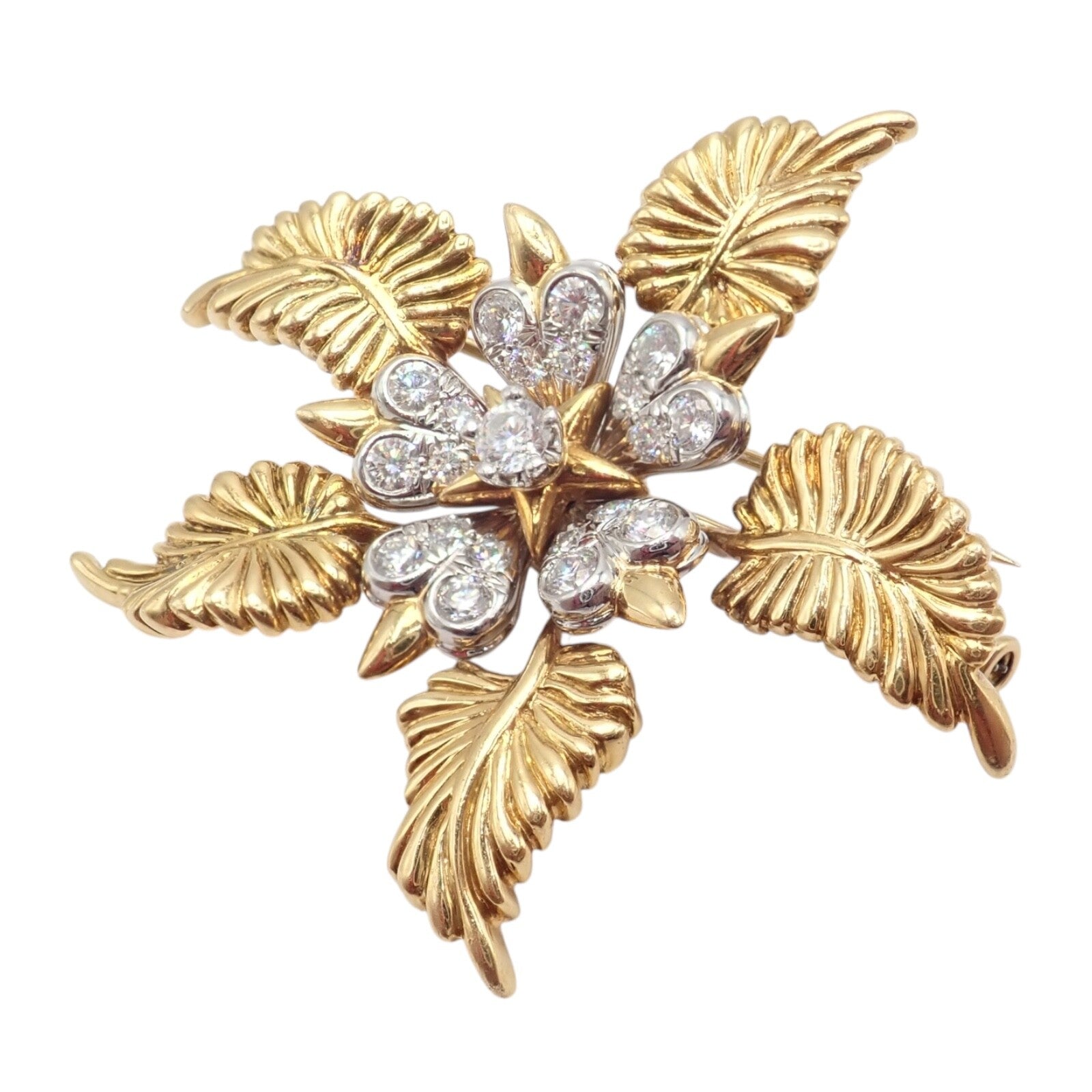 Tiffany & Co Schlumberger 18k Yellow Gold Platinum Diamond 5 Leaf Pin Brooch - Elegant Jewelry for Women, Luxury Gift for Anniversary & Special Occasions