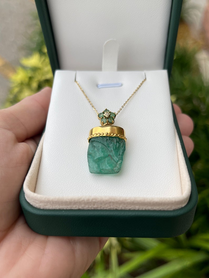14K Gold Raw Hand Carved Emerald Crystal Pendant Necklace - 24tcw May Birthstone Jewelry for Women, Gift for Mom, Birthday, Anniversary & Special Occasions
