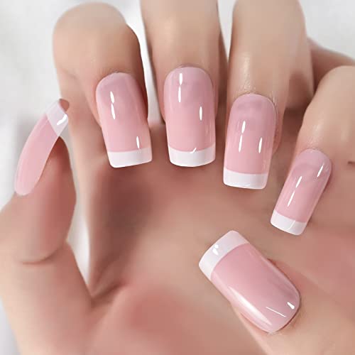 24pcs Pink Glossy White Tips French False Nails - Medium Square Acrylic Full Cover Fake Nails Kit for Women | DIY Manicure, Salon Quality, Reusable | Perfect for Parties, Weddings & Daily Wear