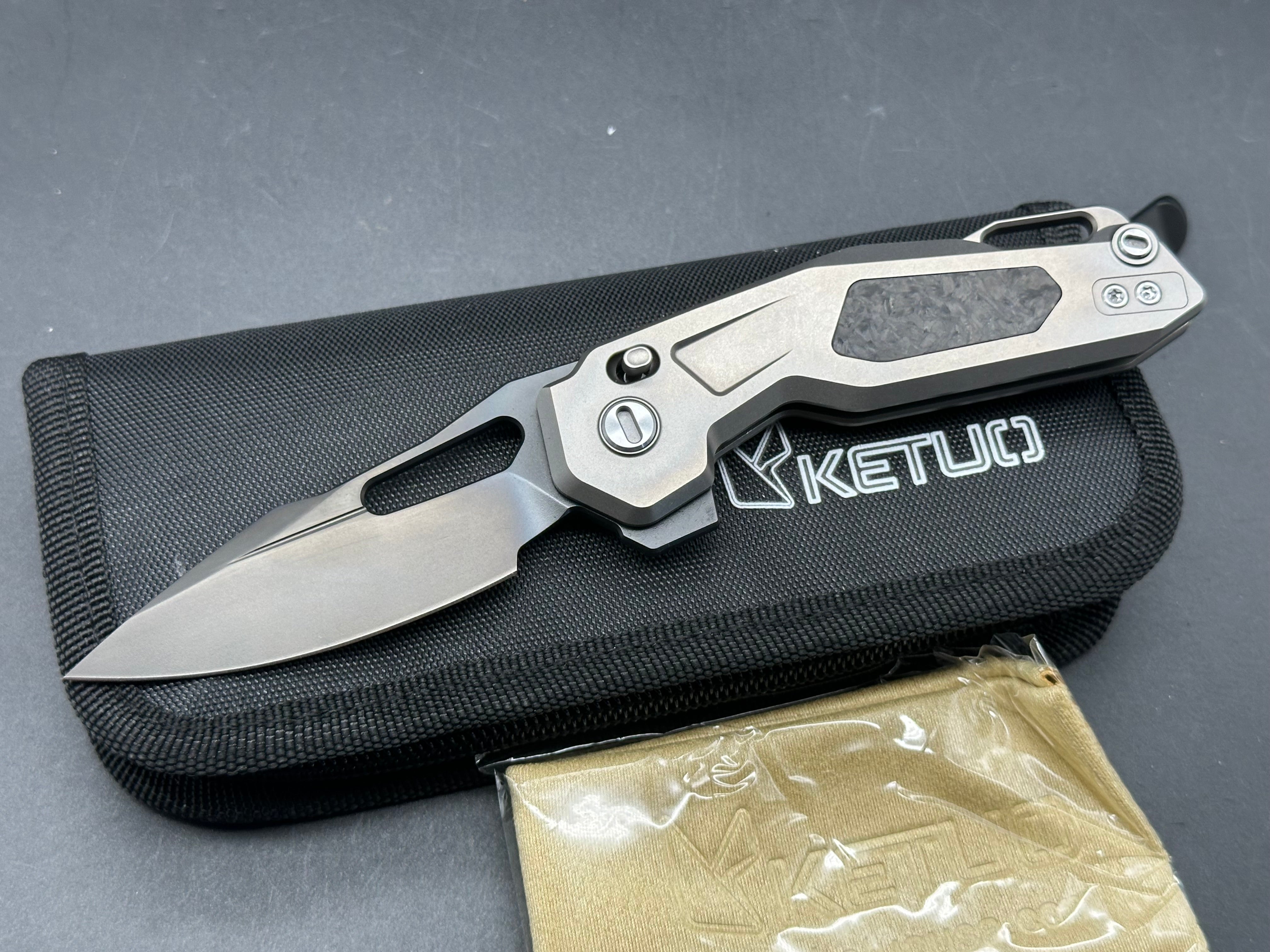Ketuo Knives Mini Griffin Folding Pocket Knife - Grey Silver Milled Titanium Frame with Shred Carbon Fiber Inlays | EDC Gear, Outdoor Survival Tool, Camping & Everyday Carry Accessory