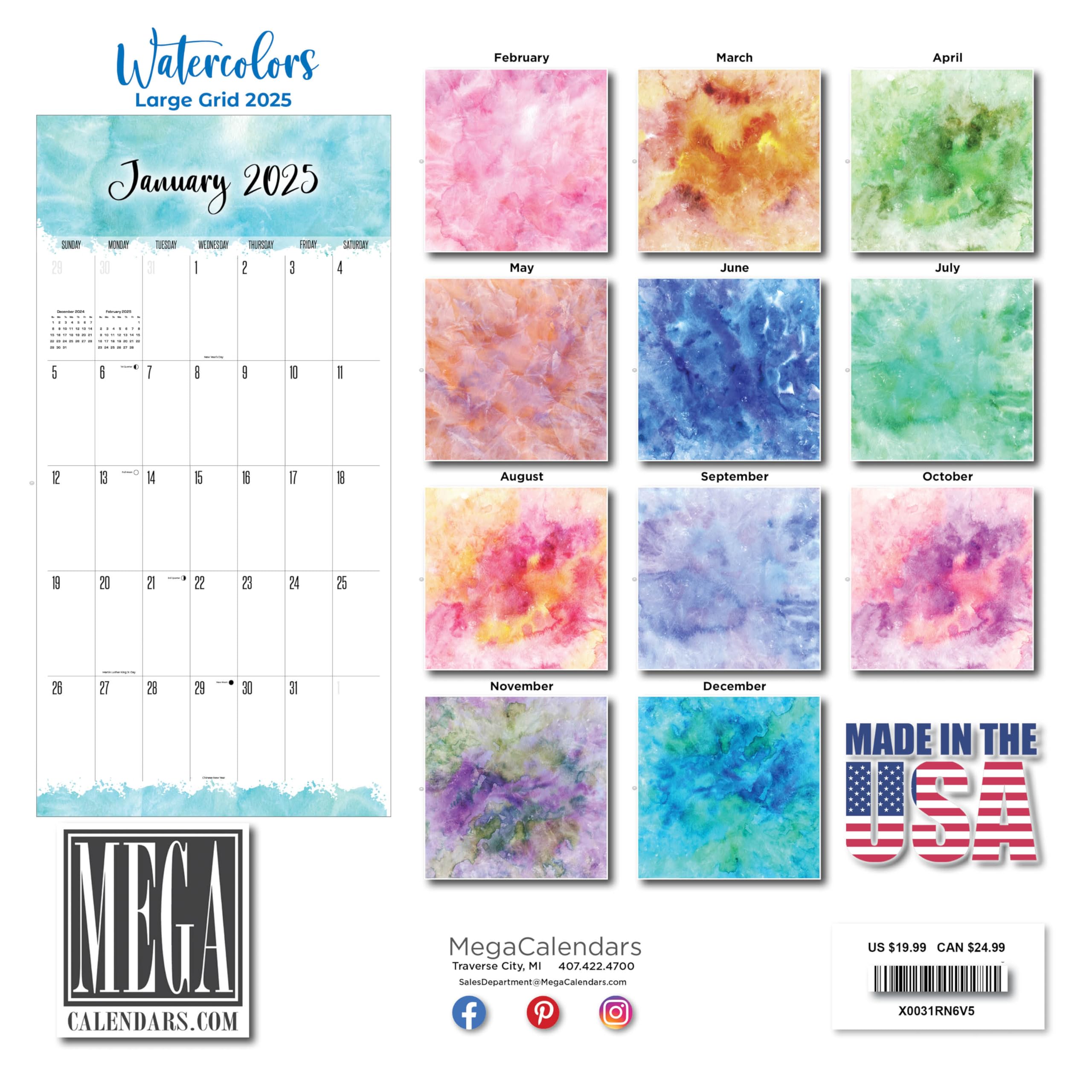 2024-2025 Large Grid Wall Calendar - 12x24 Inch Big Grid Planner with Thick No-Bleed Paper - Perfect for Teachers, Office & Home Organization - Made in USA - Great for Classroom, Office Decor & Family Scheduling