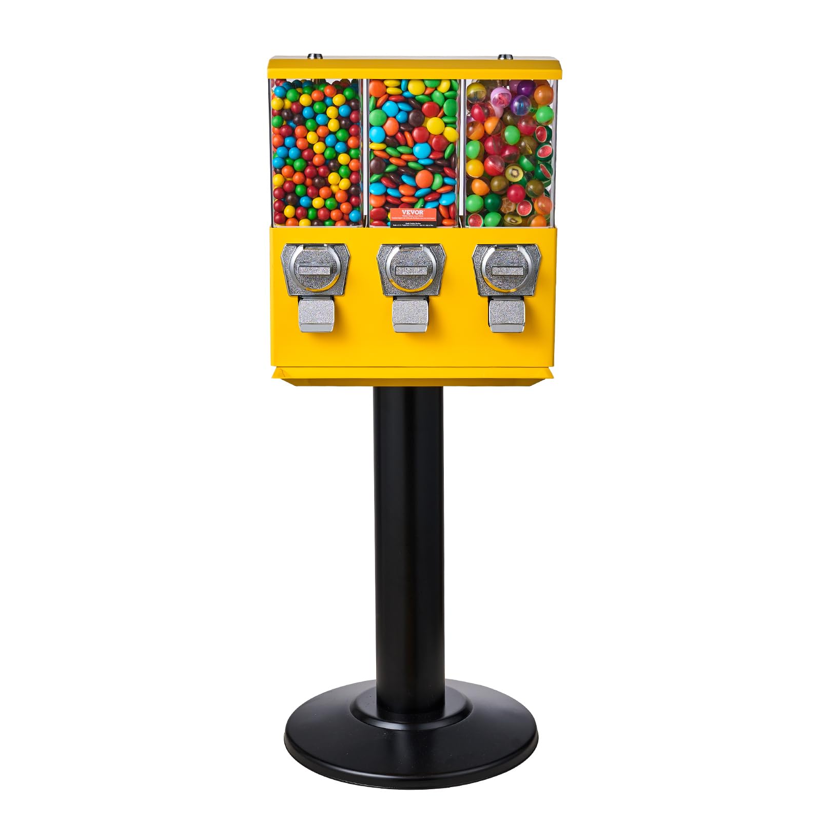 VEVOR Commercial Triple Compartment Candy Vending Machine with Iron Stand - Coin Operated Gumball & Nut Dispenser for Business - Perfect for Retail Stores, Arcades, and Restaurants (Yellow)