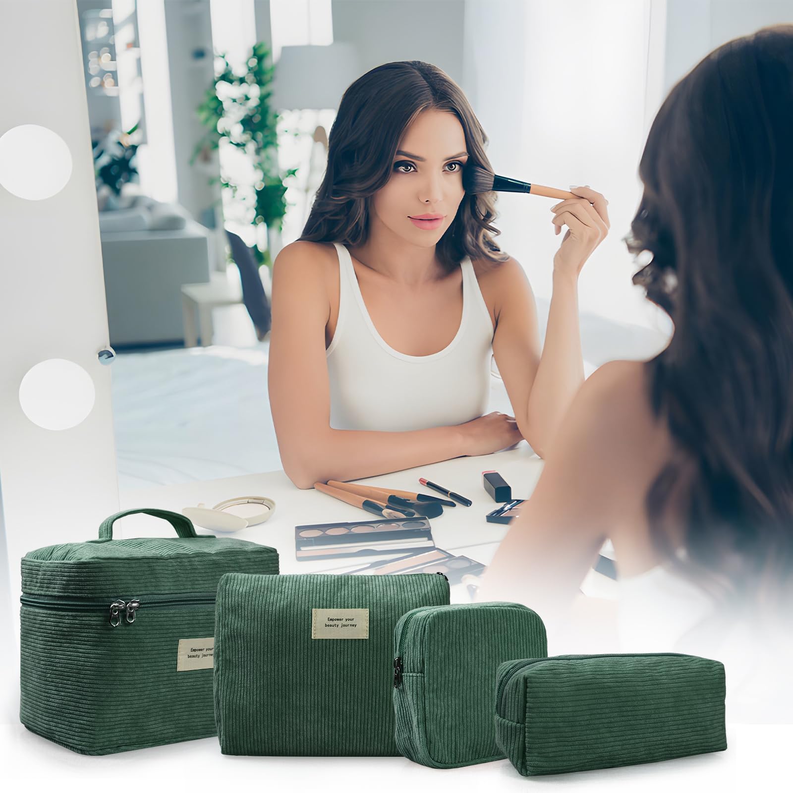 4 Pcs Corduroy Makeup Bags for Women - Aesthetic Cute Cosmetic Bags Set with Zipper, Multi-Size Travel Toiletry Organizer Pouch (Green) | Perfect for Travel, Gym, Daily Use & Gift Giving