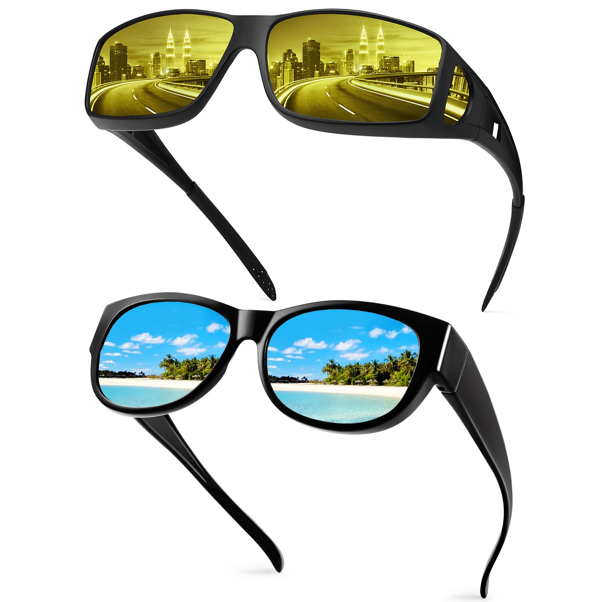 Polarized Sunglasses for Men & Women - Anti Glare Driving Glasses with Night Vision, Fit Over Prescription Eyewear - Perfect for Daytime Driving, Night Driving, and Outdoor Activities