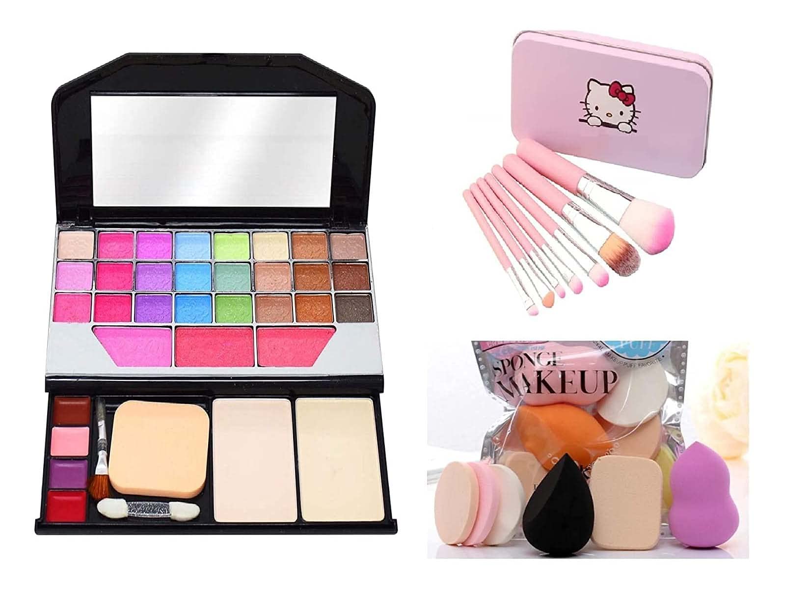 Professional Makeup Combo Set - 6155 Tya Makeup Kit with 7 Pink Hello Kitty Brushes & 6-in-1 Sponge (14-Piece) | Perfect for Beginners, Travel & Salon Makeup Artists