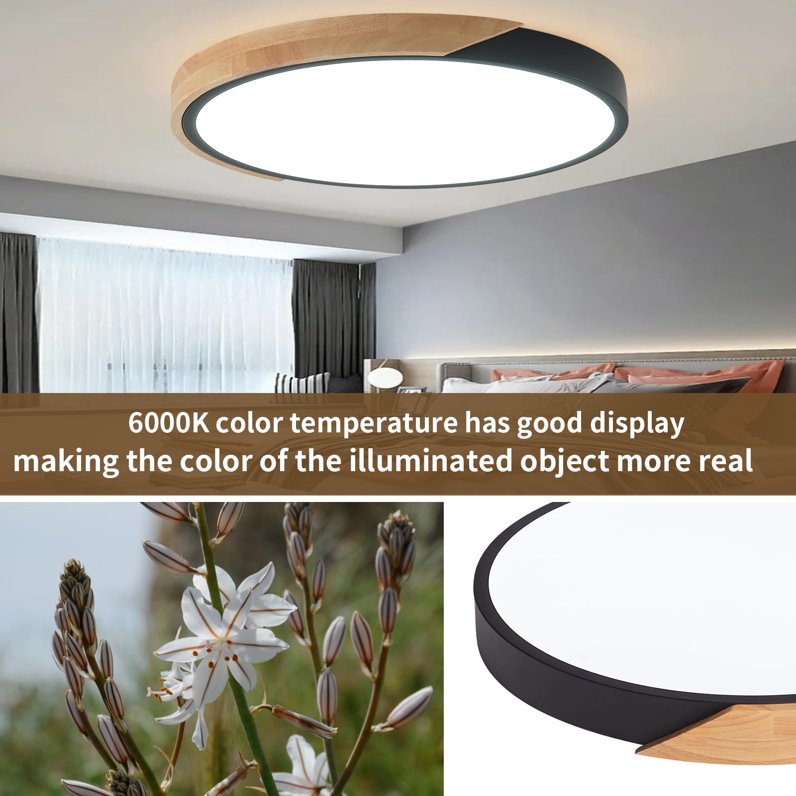 Modern LED Ceiling Light Fixtures - 2 Pack Wood Flush Mount Lights, 6000K Daylight White, 11.8 Inch Round - Energy Saving Kitchen, Bedroom, Hallway, Laundry Room Lighting (Black) | Perfect for Home, Office and Commercial Spaces