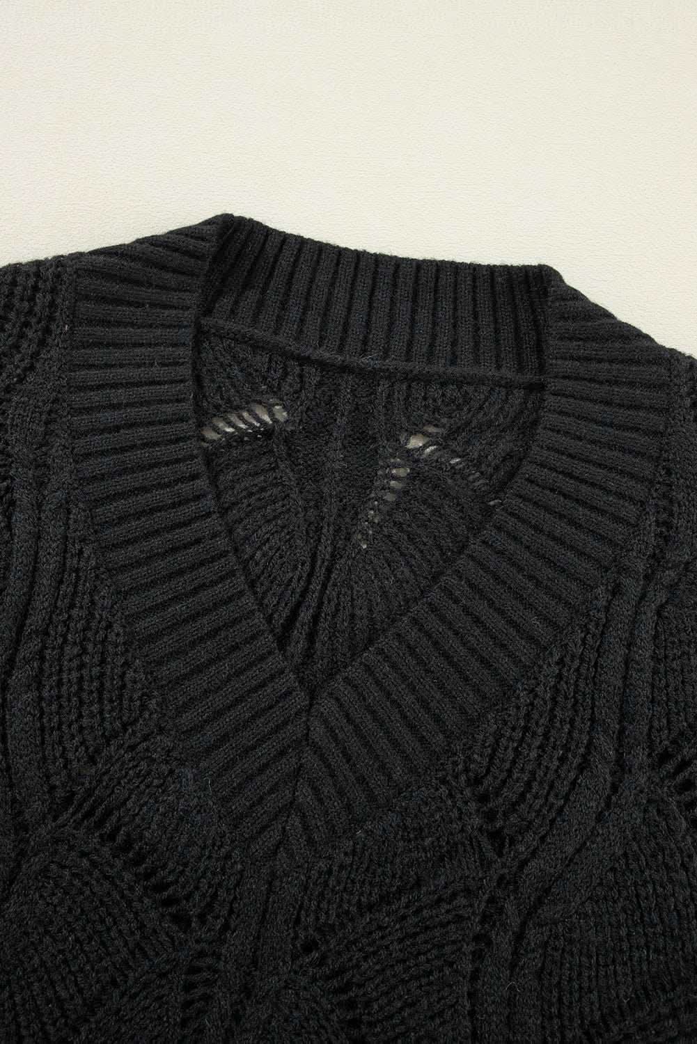 Chic Black Hollow Knit V-Neck Sweater for Women - Stylish & Comfortable Fall Winter Pullover for Casual Outfits & Office Wear