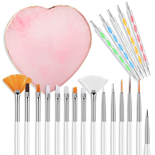 Heart-Shaped Resin Nail Art Palette Set with 15 Professional Nail Brushes & 5 Dotting Pens - Complete Nail Art Kit for DIY Manicure, Salon & Home Use - Perfect for Gel Polish, Acrylic Nails & Nail Art Designs