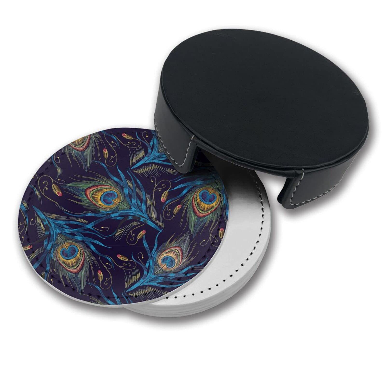 6-Pack Peacock Feather Leather Drink Coasters with Holder - Elegant Bar & Table Protection for Wine Glasses, Coffee Mugs, and Cocktail Cups - Perfect for Home Decor, Dinner Parties, and Gifts
