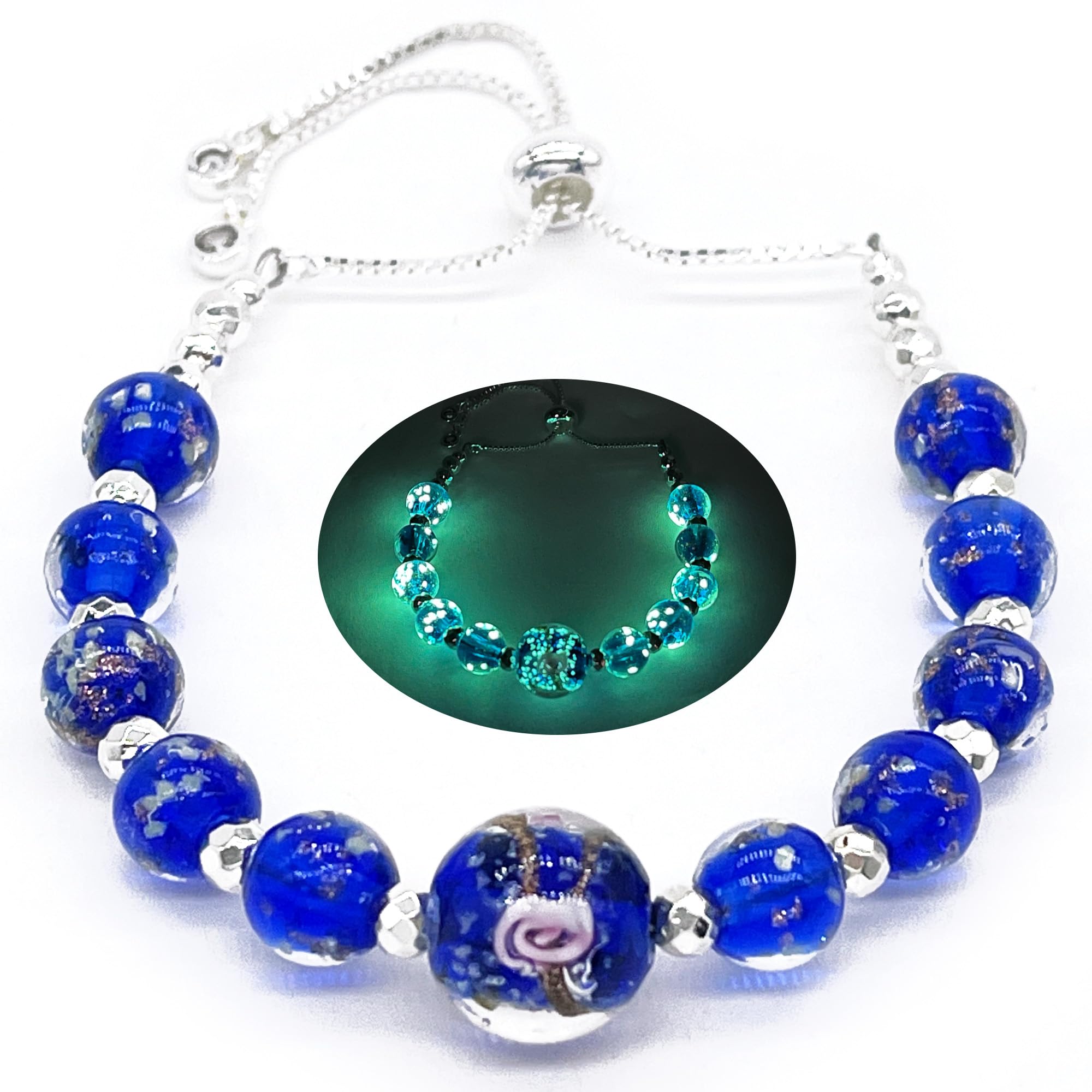 Glow in The Dark Firefly Beads Bracelet & Necklace Set - Murano Glass Crystal Birthstone Jewelry with Adjustable Slider Chain | Perfect for Night Parties, Rave Events & Unique Gifts
