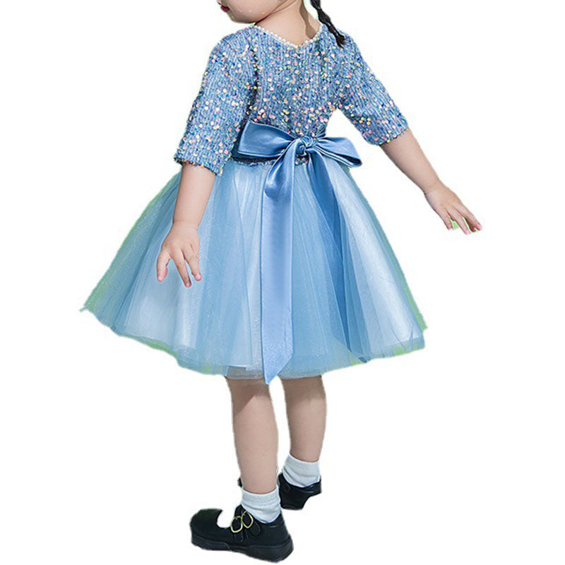 Sparkly Blue Sequin Tulle Flower Girl Dress for Weddings - Short Sleeve Knee-Length Princess Dress for Flower Girls, Pageants & Special Occasions