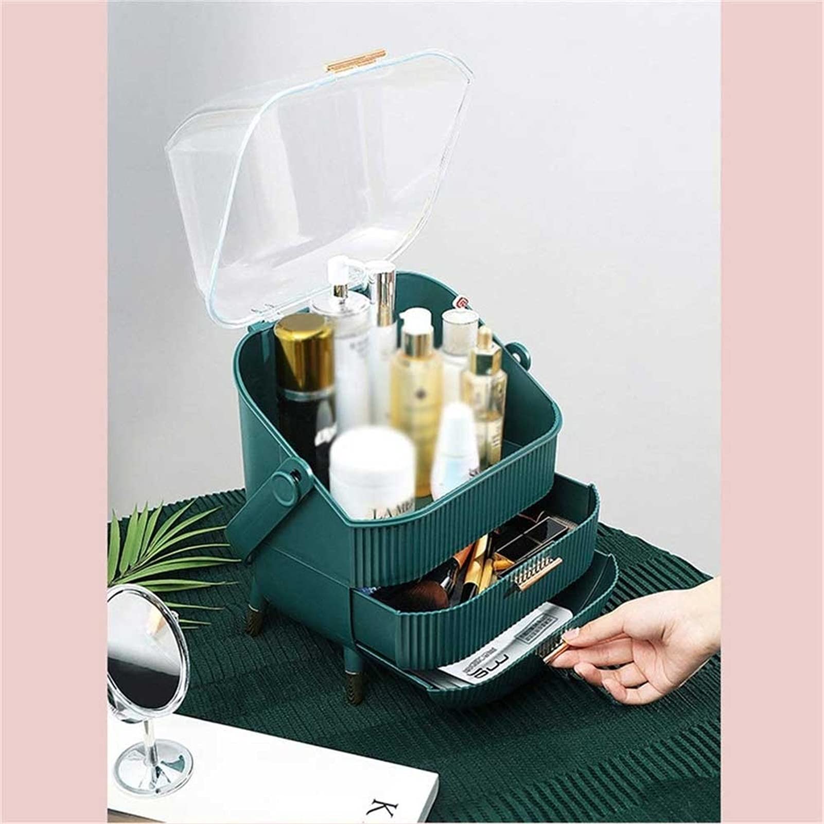 Portable Multifunctional Open Makeup Organizer - Large Capacity Cosmetic Storage Box with Drawers, Waterproof & Dustproof Desktop Organizer for Makeup Brushes, Jewelry, Office Supplies (Green) | Perfect for Vanity, Bathroom, Travel & Home Organization