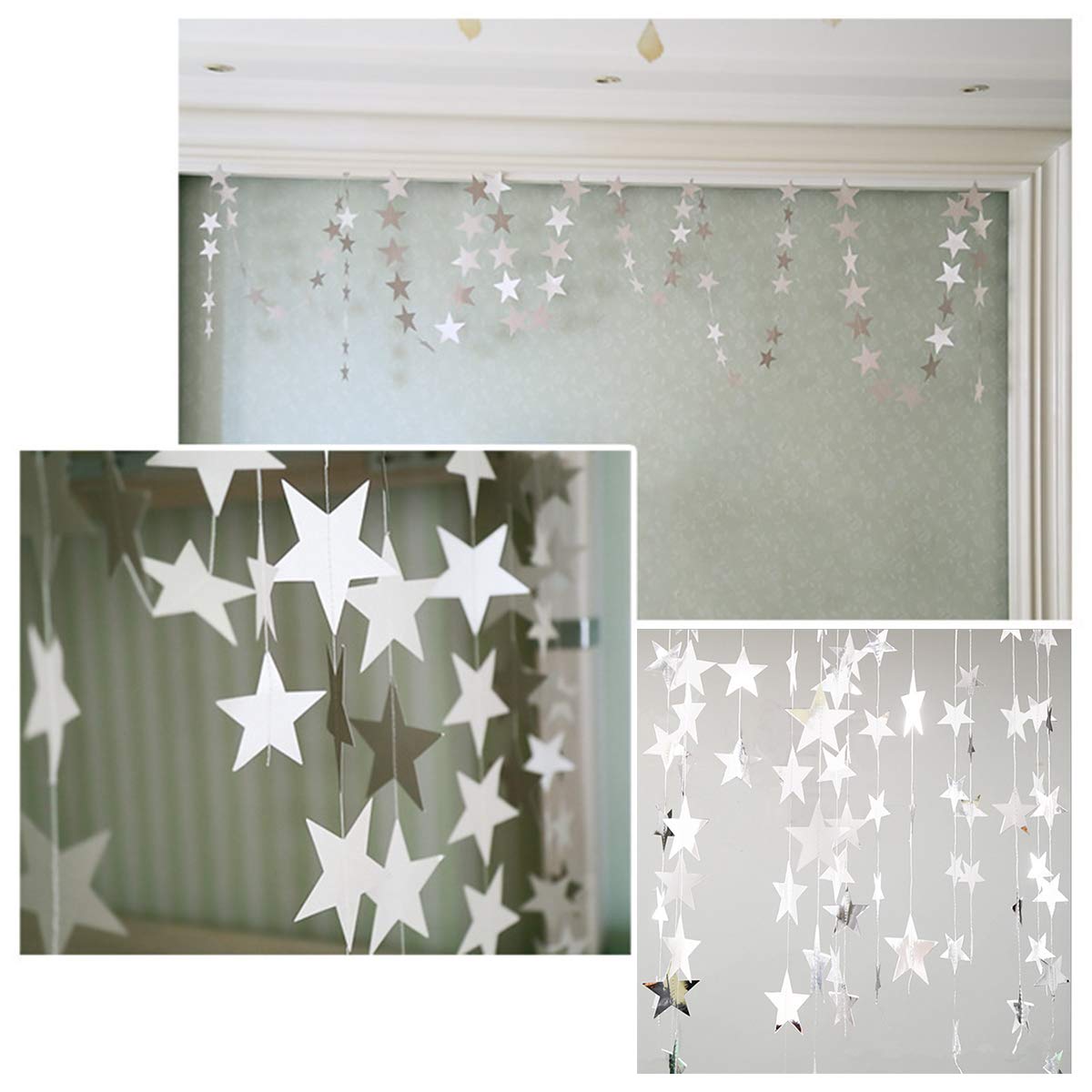 Silver Star Garland Banner Decorations - 156 Feet Sparkling Paper Hanging Decor, Glitter Star Bunting for Wedding, Birthday, Holiday & Christmas Party | Perfect for Ceiling, Wall, Backdrop & Event Decorations