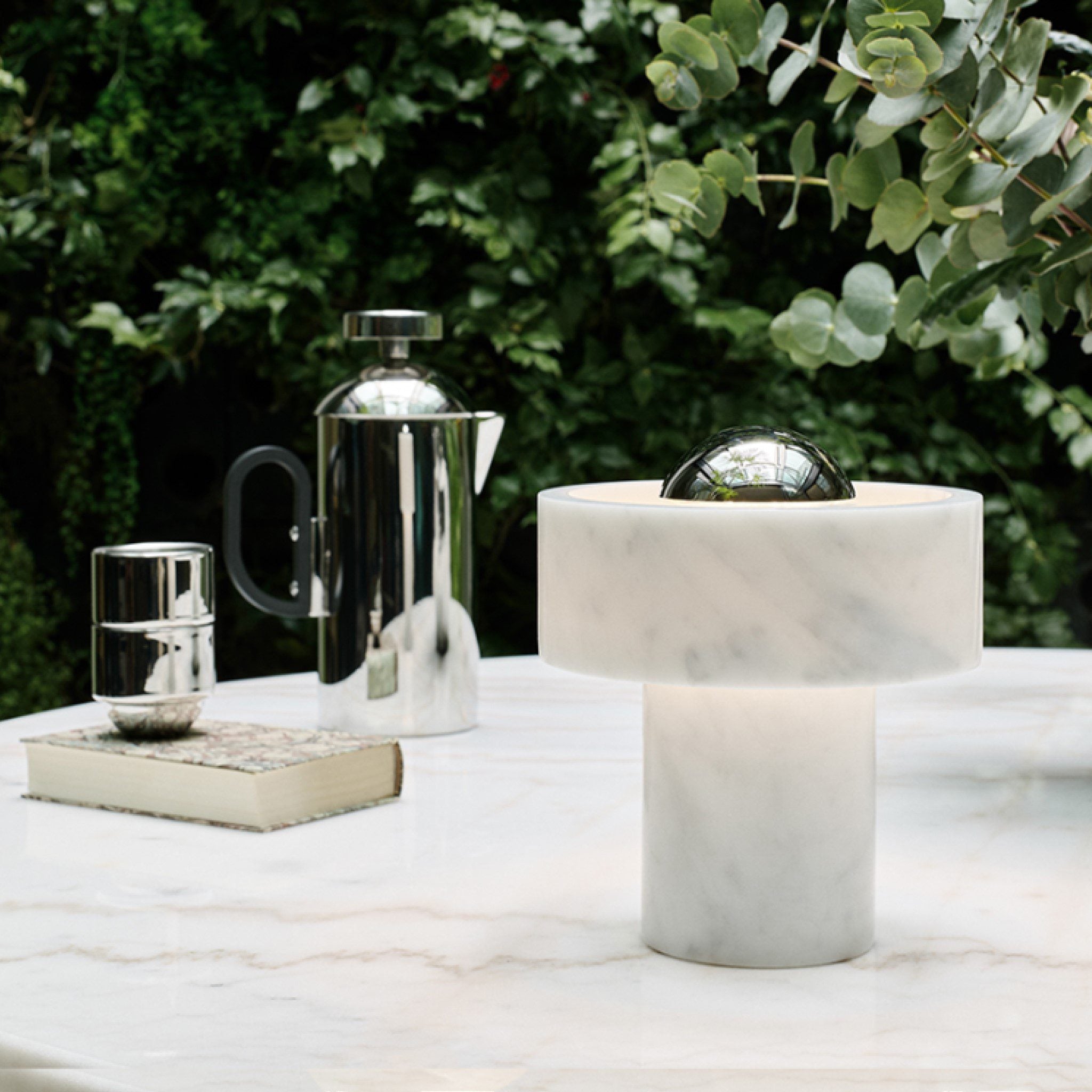 TOM DIXON Stone Portable Lamp - White Marble & Chrome Finish | Rechargeable LED Table Light for Home, Office & Outdoor Use