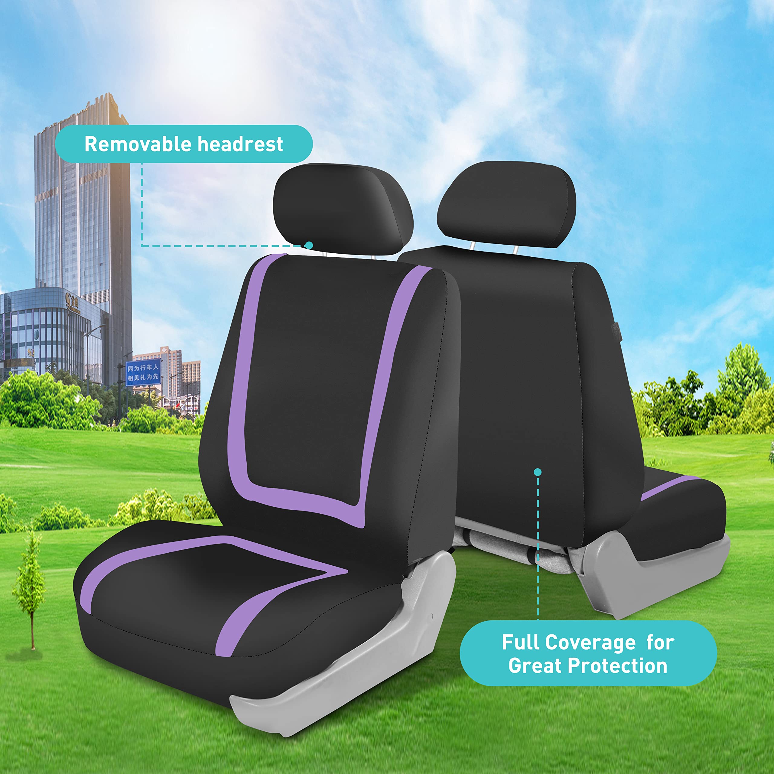 FH Group Universal Fit Car Seat Covers Full Set - Breathable Cloth Seat Protectors for SUV, Sedan & Van | Low Back Front & Solid Back Seat Covers | Machine Washable Purple Auto Accessories | Perfect for Daily Commute, Road Trips & Family Travel