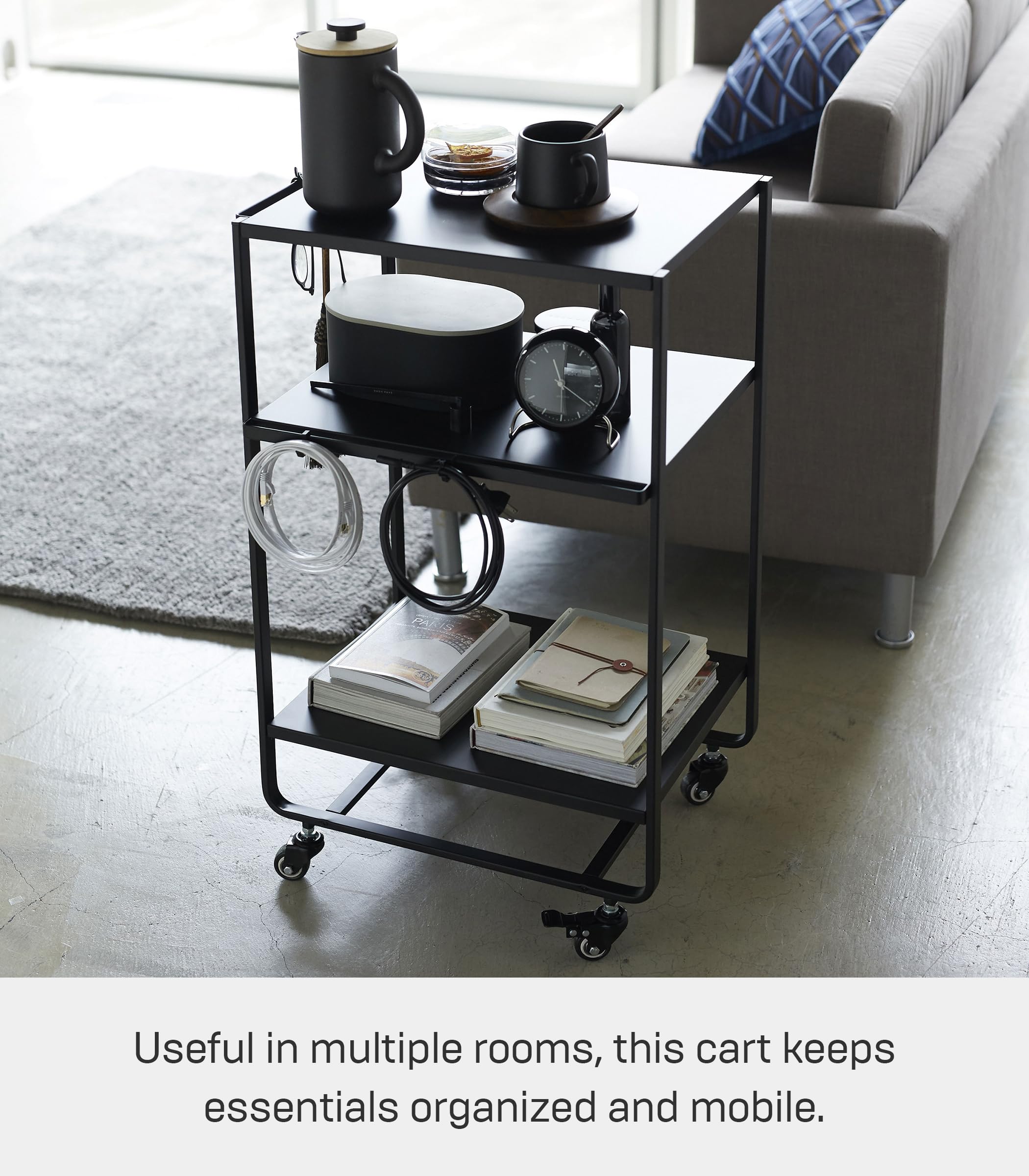 Yamazaki Home 3-Tier Rolling Storage Cart - Steel Utility Organizer for Kitchen, Bathroom & Office - Black Space-Saving Mobile Shelf for Small Spaces & Clutter-Free Organization