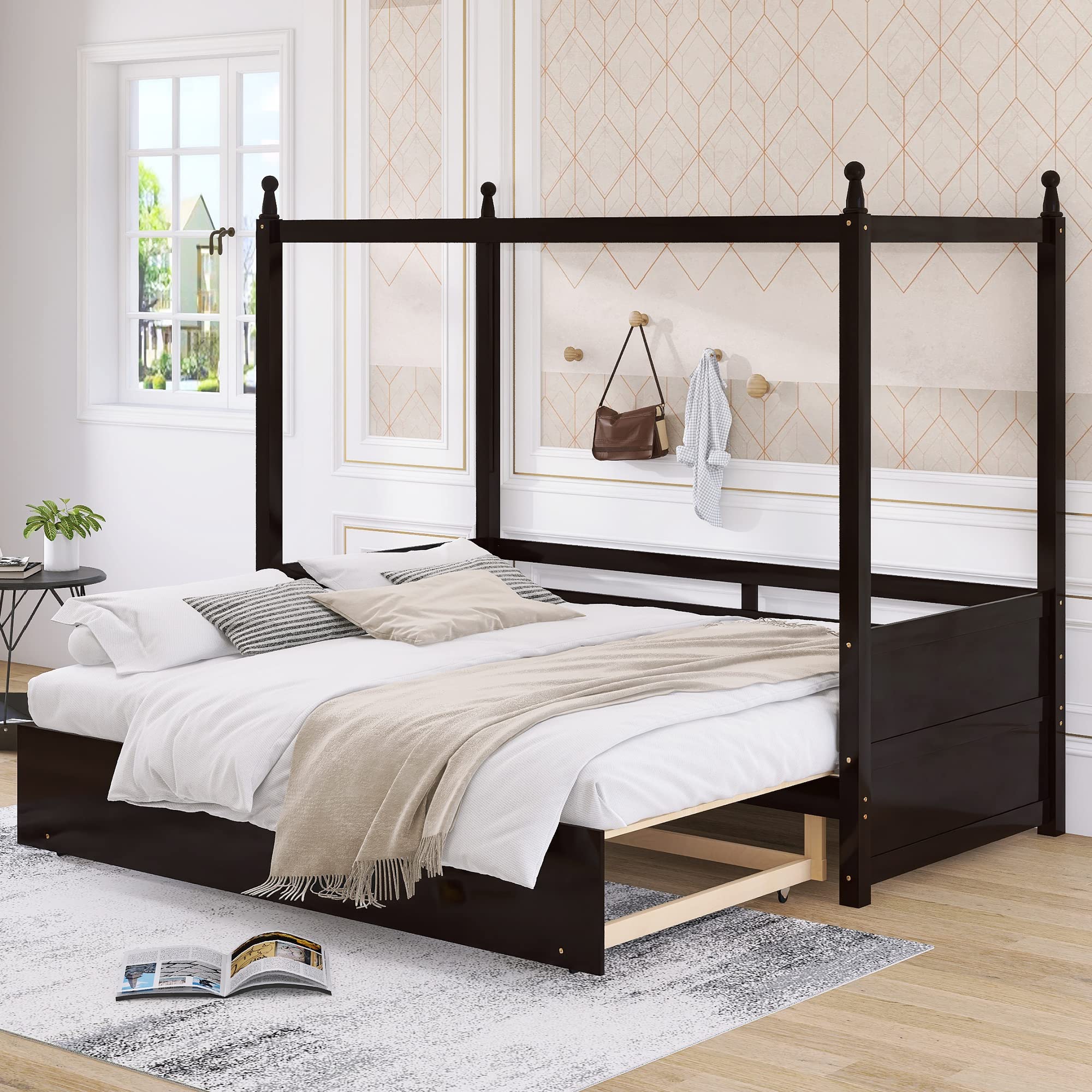 Twin Size Canopy Daybed with Pull-Out Platform Bed - Solid Wood Twin Bed Frame with Headboard & Footboard - Slat Support for Kids, Teens & Adults - Espresso Finish - Perfect for Guest Rooms, Dormitories & Small Spaces