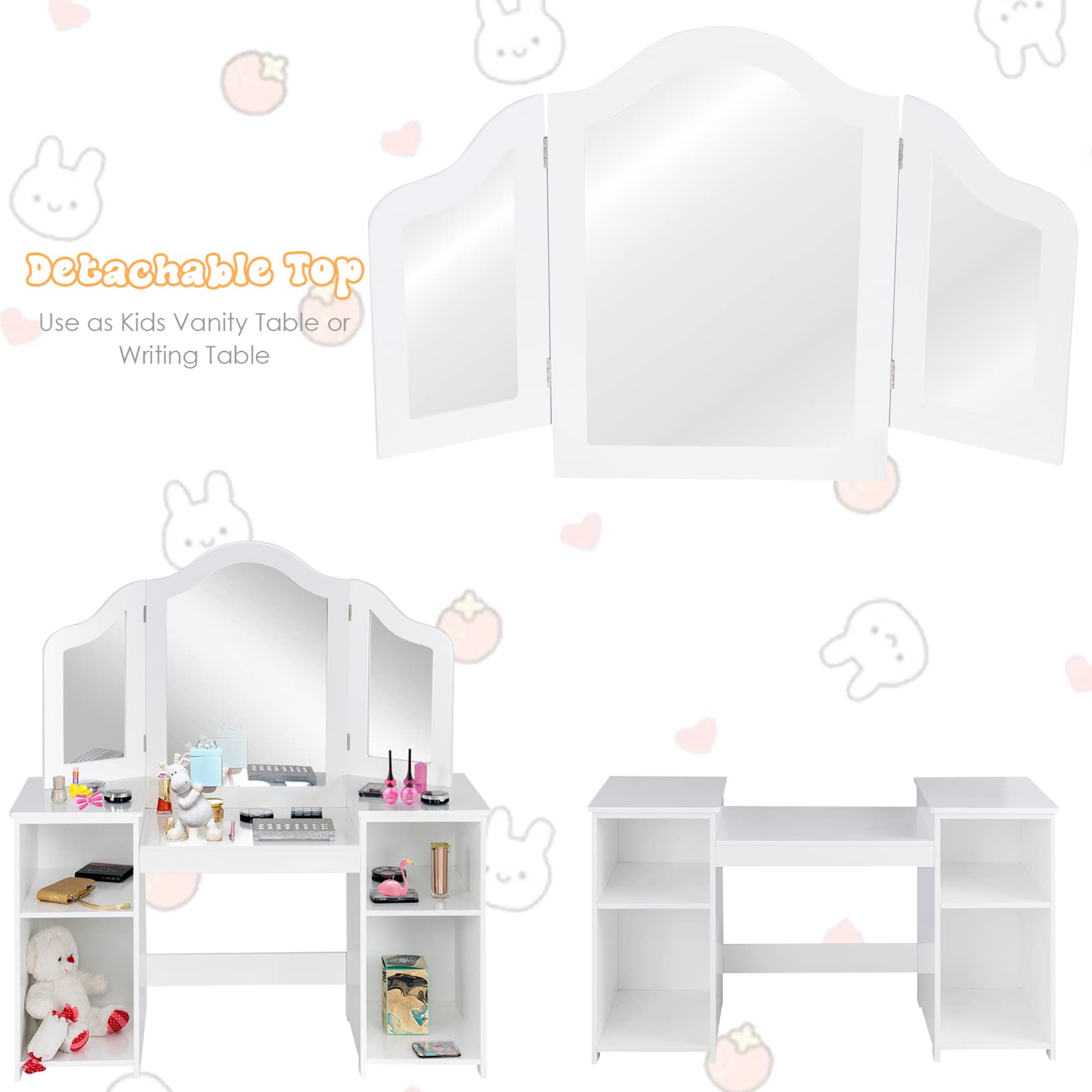 MAT EXPERT Kids Vanity Table Set with Tri-Folding Mirror - Wooden Princess Dresser with 4 Storage Shelves & Detachable Plastic Mirror - Pretend Play Makeup Dressing Table for Girls (White) - Perfect for Bedroom Decor & Imaginative Playtime