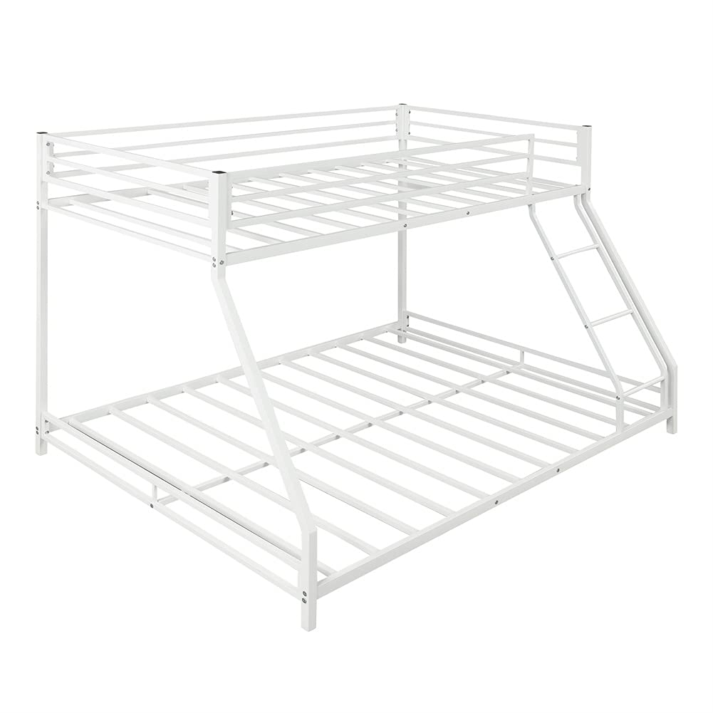 Heavy Duty Metal Twin Over Full Low Bunk Bed with Sloping Ladder & Safety Guardrails - No Box Spring Needed - Sturdy Frame for Kids, Teens & Adults - Perfect for Small Bedrooms, Dorms & Guest Rooms (White)