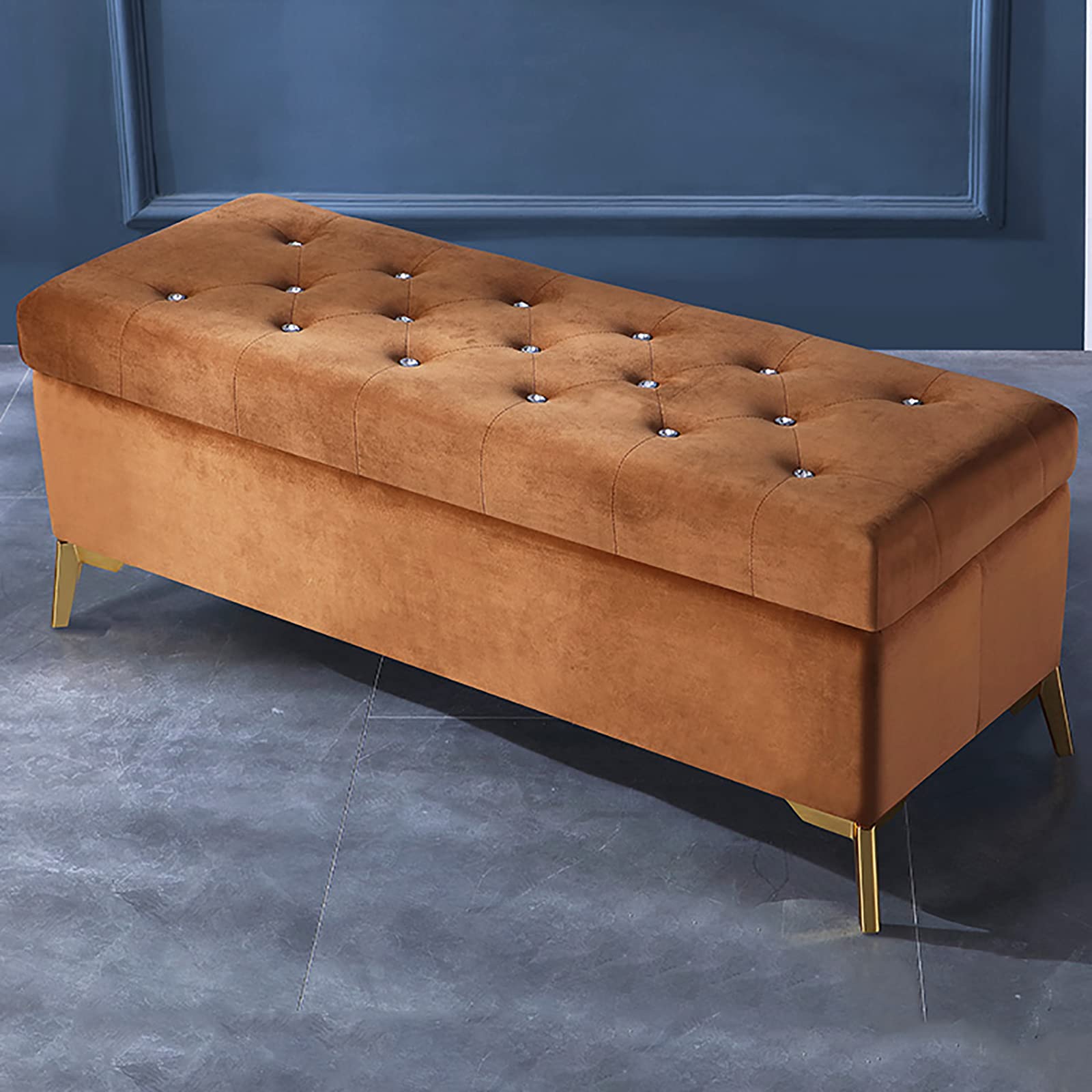 Luxury Velvet Upholstered Storage Ottoman Bench with Crystal Buttons - Brown 90x42x45cm (35x17x18inch) - Modern Living Room Furniture, Entryway Shoe Storage, Footrest & Bedside Bench - Perfect for Small Space Organization & Home Decor
