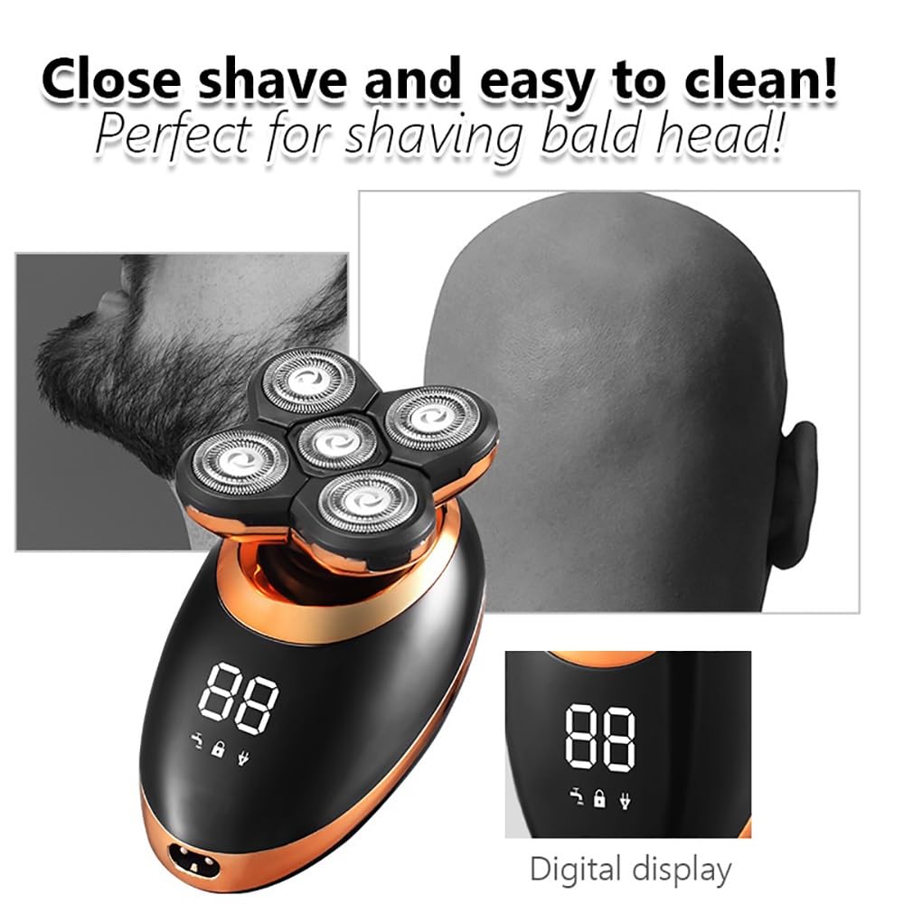 5D Floating Head Electric Shaver for Bald Men - Rechargeable Beard Trimmer & Nose Hair Clipper with LCD Display (Golden) - Perfect for Travel, Gym & Daily Grooming