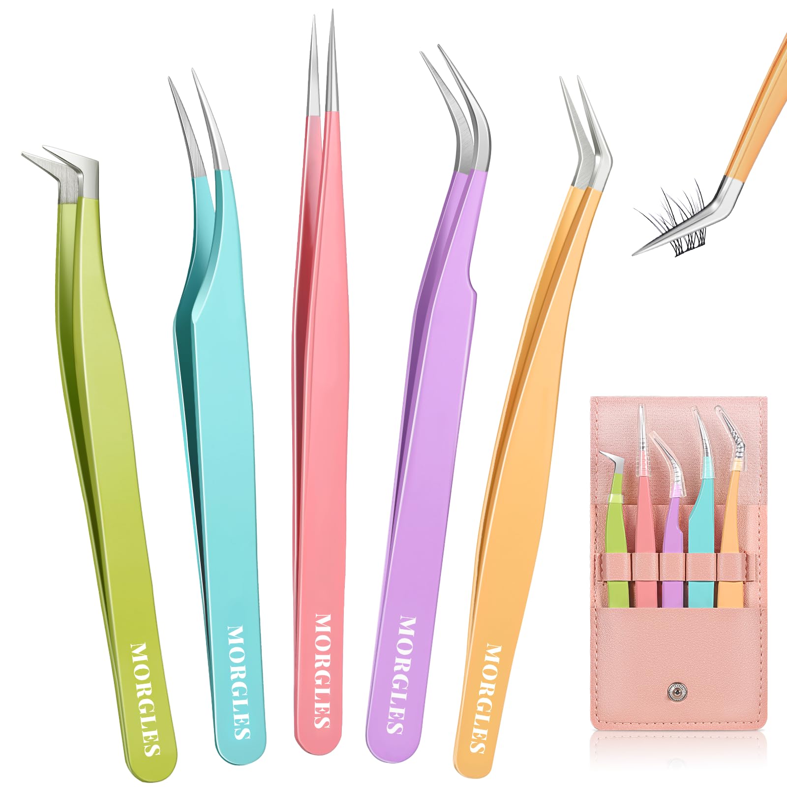 MORGLES 5-Piece Professional Eyelash Extension Tweezers Set - High Precision Straight & Curved Volume Lashes Tweezers for Lash Extensions, DIY Crafting - Perfect for Beginners, Salon Professionals & Home Use