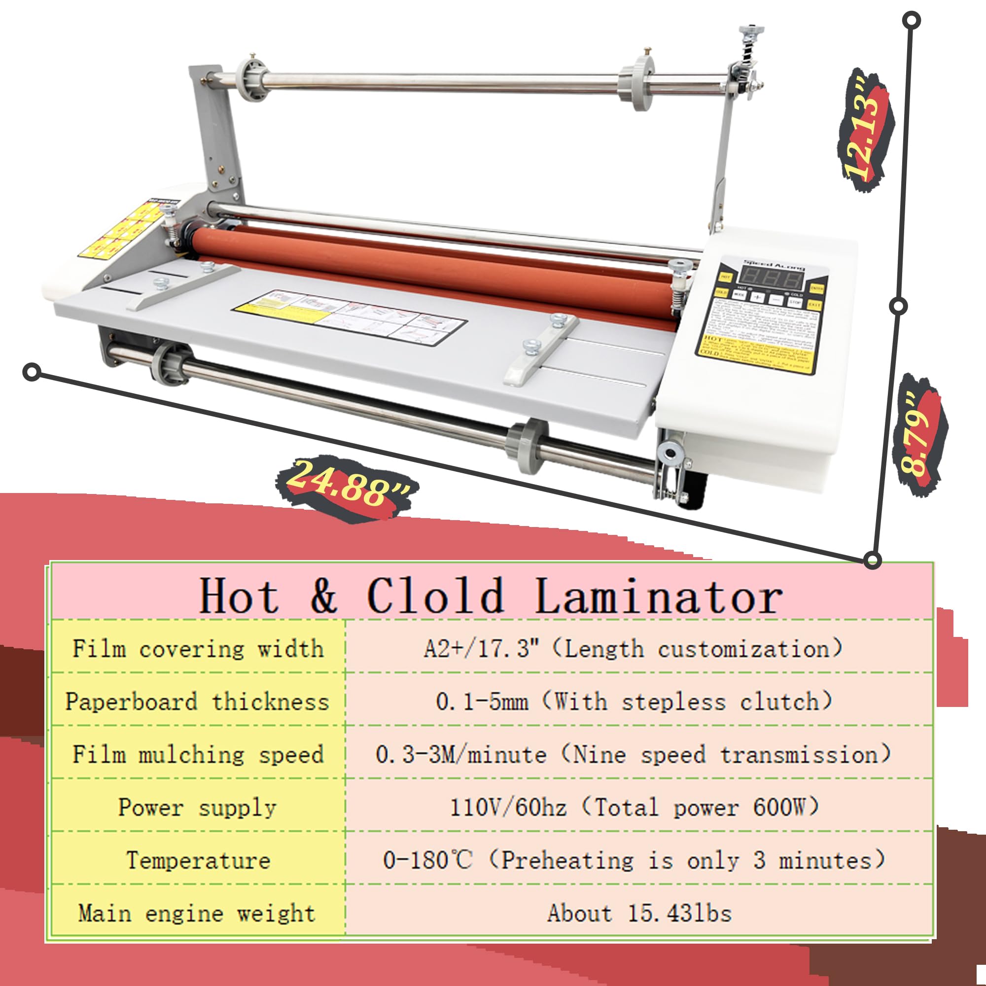 INTSUPERMAI 110V Hot & Cold Roll Laminator Machine - Dual Side Thermal Laminating with 0-180℃ Adjustable Temperature for A2+ (44cm/17.3inch) Documents - Includes 2 Rollers Film - Perfect for School, Office, Photo, Artwork & Craft Projects