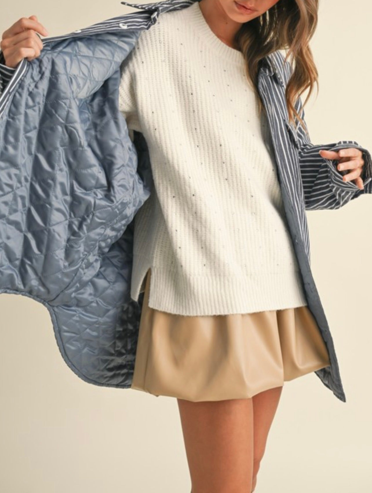 Blue Striped Padded Oversized Shacket for Women - Cozy Winter Layering & Casual Outfit Essential