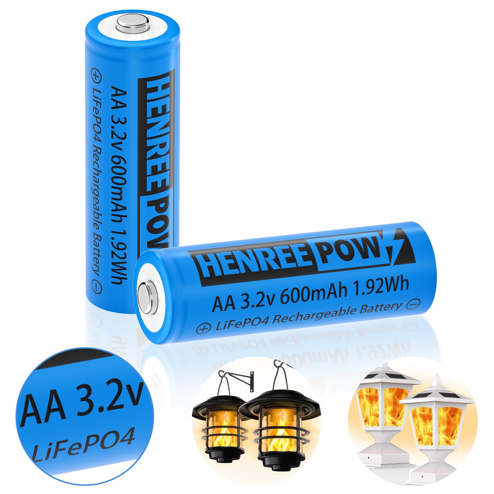 Henreepow 3.2V AA 600mAh LiFePO4 Rechargeable Batteries (2-Pack) - Long Lasting Double A Lithium Iron Phosphate Batteries for Solar Lights, Wall Lanterns & Outdoor Lighting - Perfect for Garden, Pathway & Security Lights