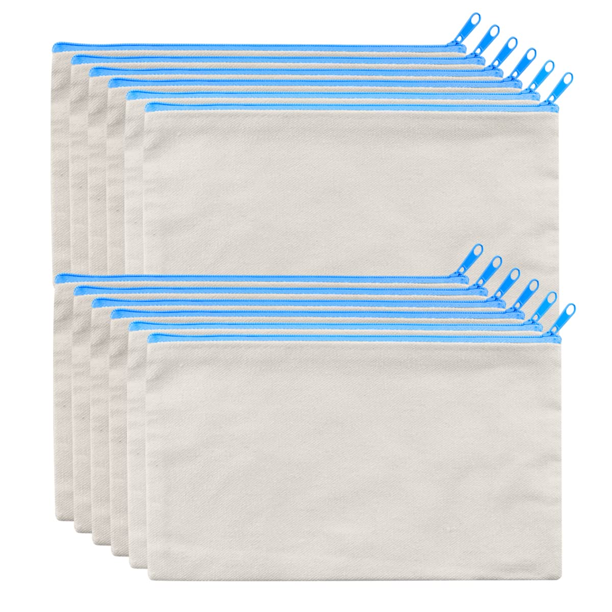 12PCS Blank Canvas Makeup Bags Bulk - Cosmetic Pouch with Blue Zipper, Multipurpose Travel Toiletry Bag, DIY Craft Pencil Case for Women & Girls | Perfect for Travel, School, Gift Giving & Storage