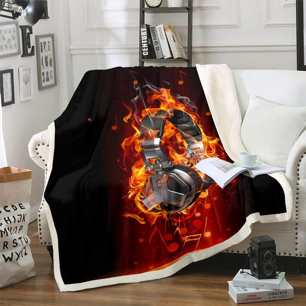Rock Music Themed Fleece Throw Blanket - Soft Plush Sherpa Blanket with Headphone Design for Bed, Couch & Sofa - Hippie Style Decorative Fuzzy Blanket in Red & Black - Queen Size 90x90 Inches - Perfect for Cozy Nights, Music Lover Gifts & Home Decor